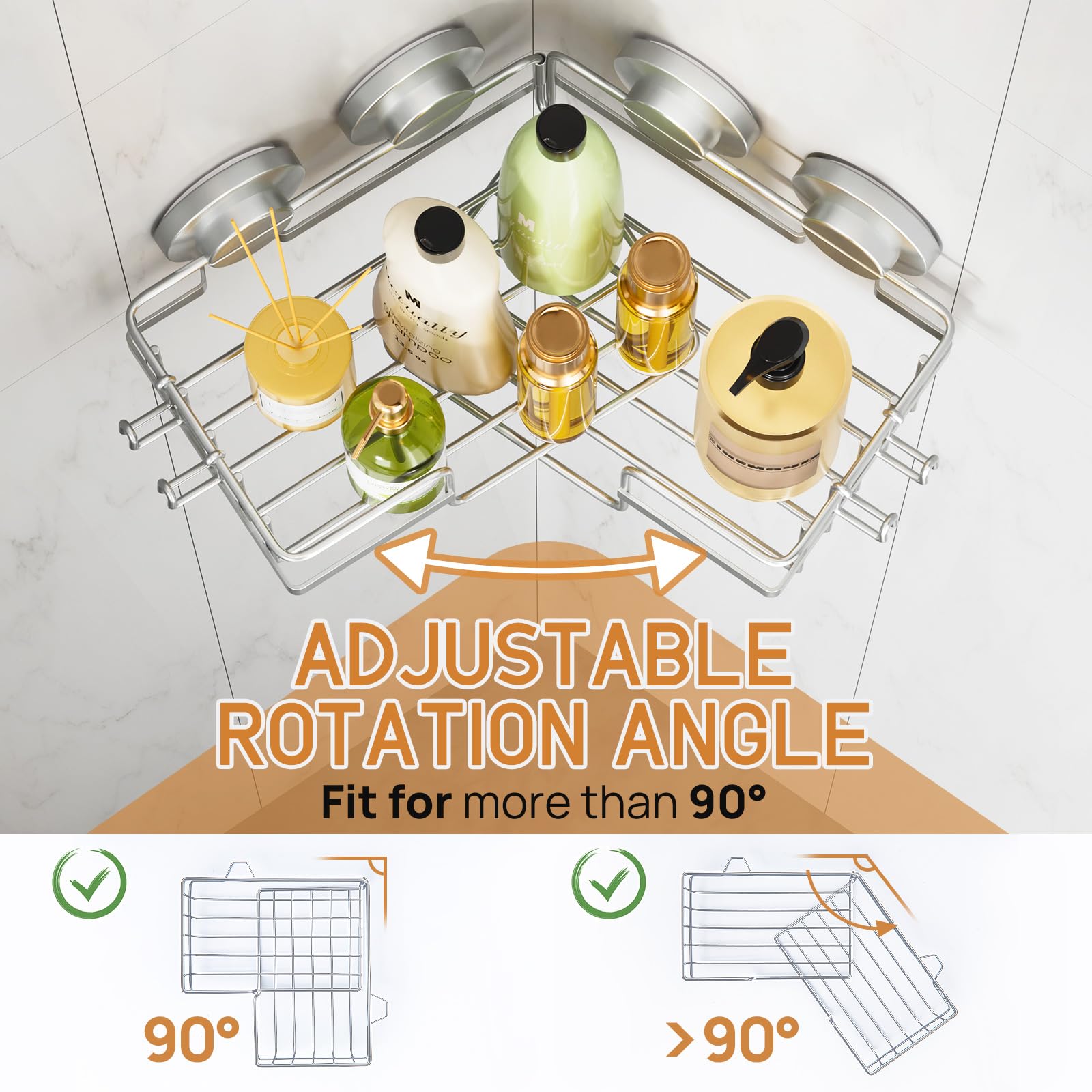 Leverloc Corner-Adaptive Suction Cup Shower Caddies 2 Pack, Drill-Free Wall Mounted Basket, Stainless Steel Rustproof Corner Sho