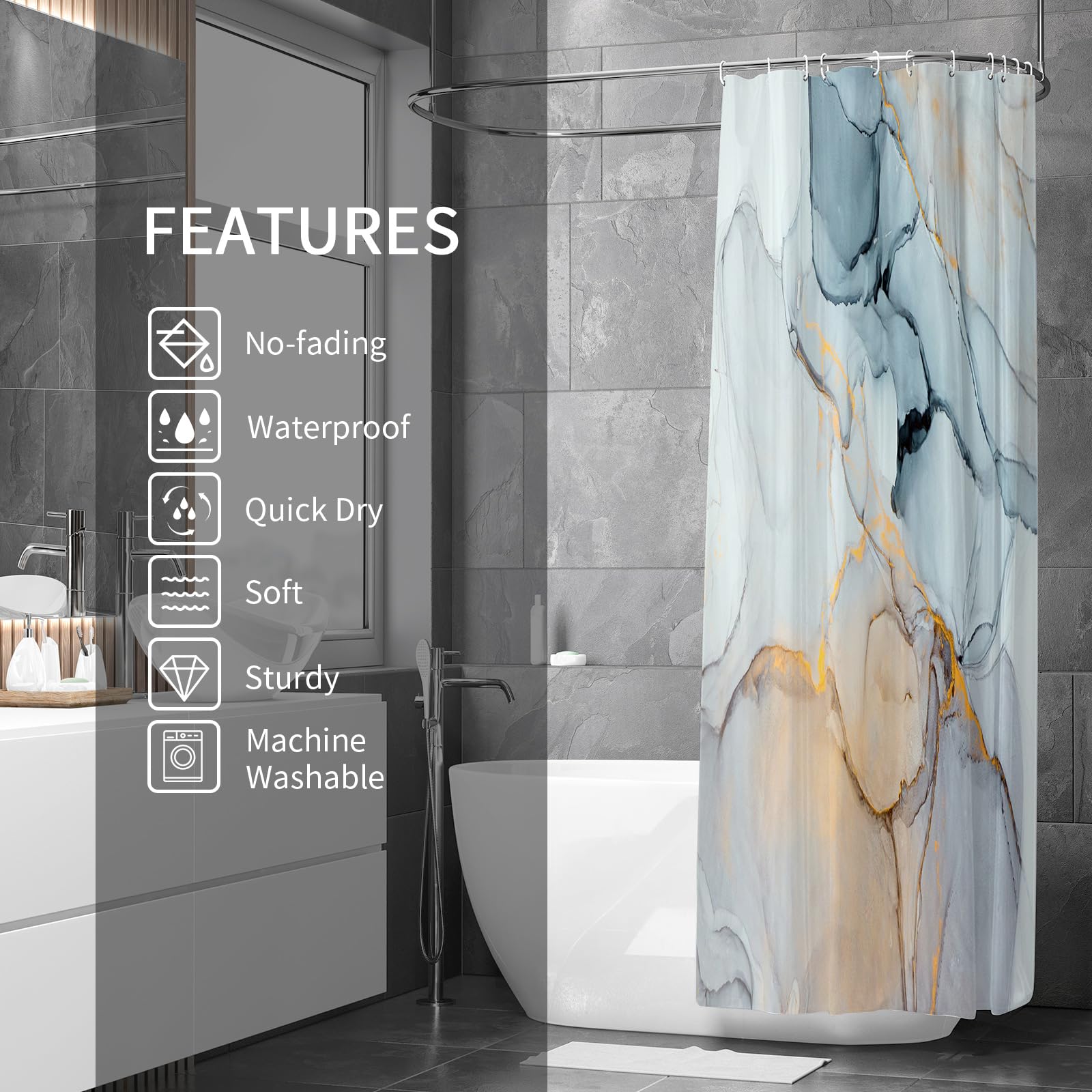 Gibelle Extra Long Shower Curtain 72 X 84, Tall Abstract Grey Blue Marble Shower Curtain, Modern Ink Art Waterproof Fabric Showe