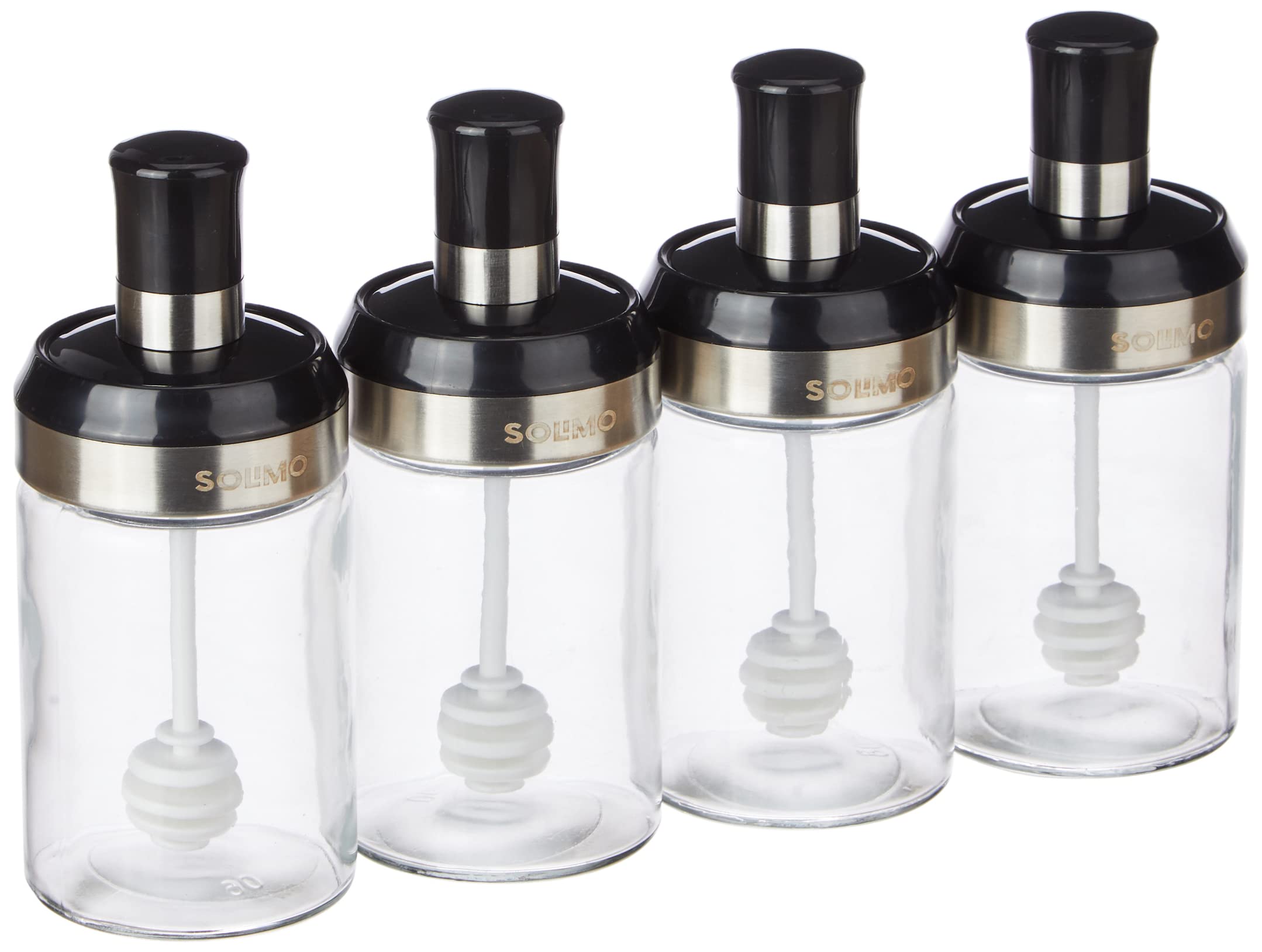 Amazon Brand  Solimo Borosilicate Glass Sauce Jar With Dipper, Set Of 4 (250 Ml Each),Black