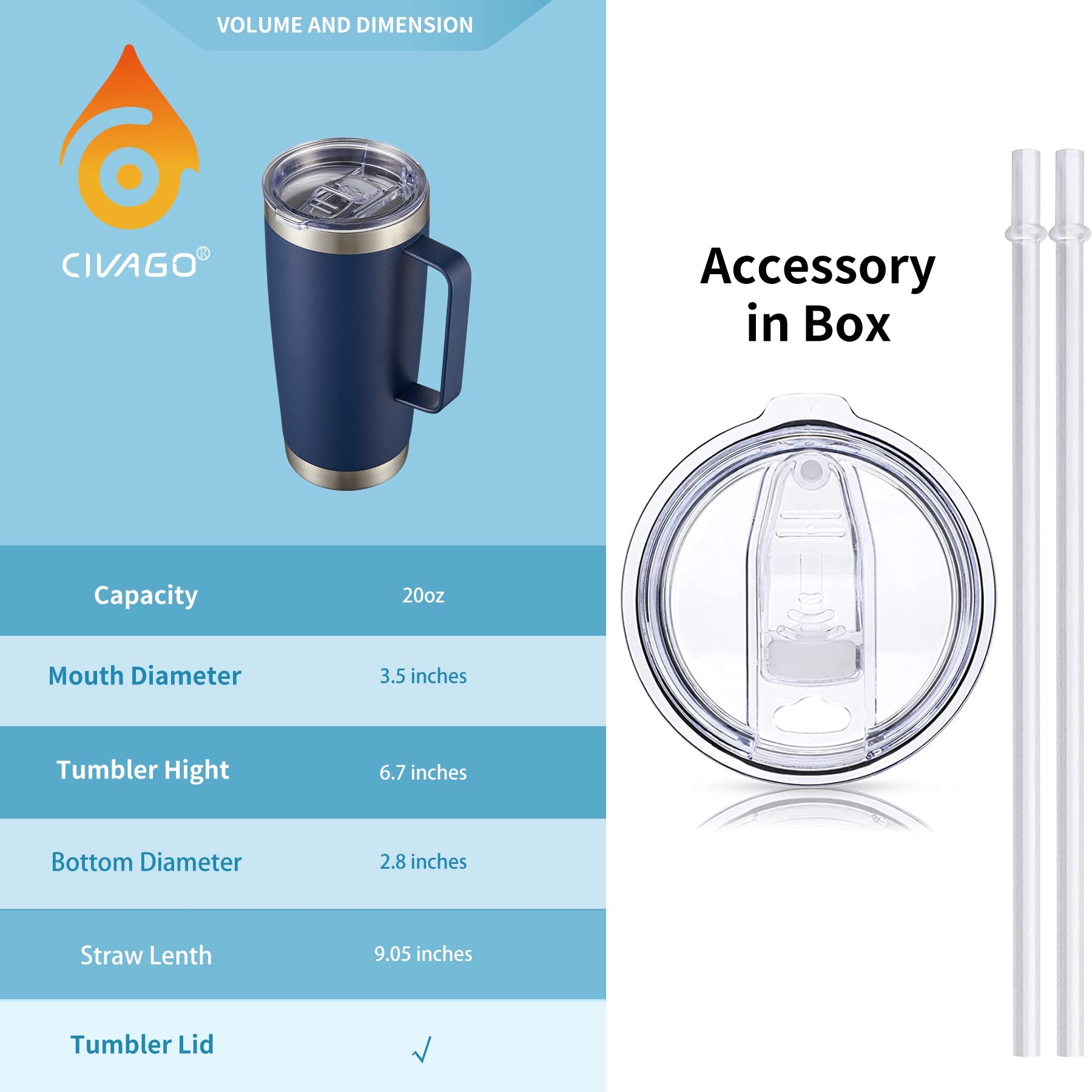 CIVAGO 20 oz Tumbler Mug with Lid and Straw  Insulated Travel Coffee Mug with Handle  Double Wall Stainless Steel Vacuum Coffee Tumbler  Thermal Coffee Cup  Navy Blue