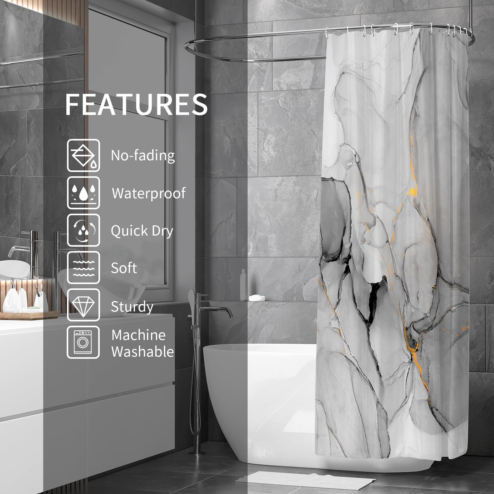 Gibelle Extra Long Shower Curtain 72 X 84, Tall Abstract Grey Marble Shower Curtain, Modern Ink Art Waterproof Fabric Shower Cur