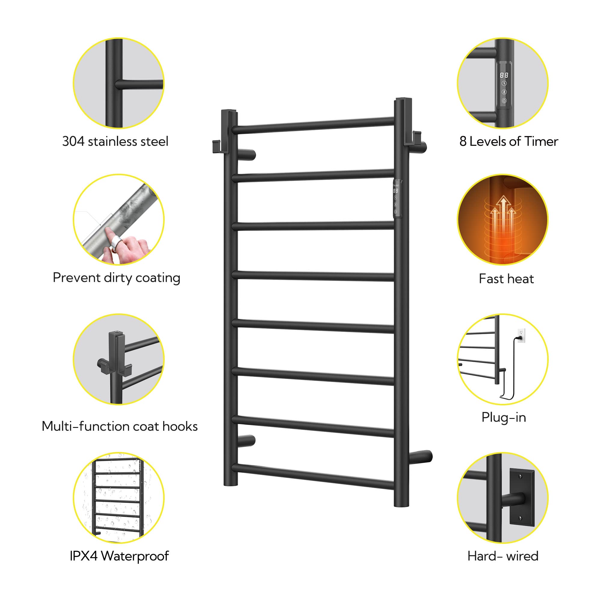 P&Bhusri Heated Towel Rack For Bathroom,Wall Mounted Electric Towel Rack With Timer And Led Indicator, 8-Bar Towel Warmer, Stain