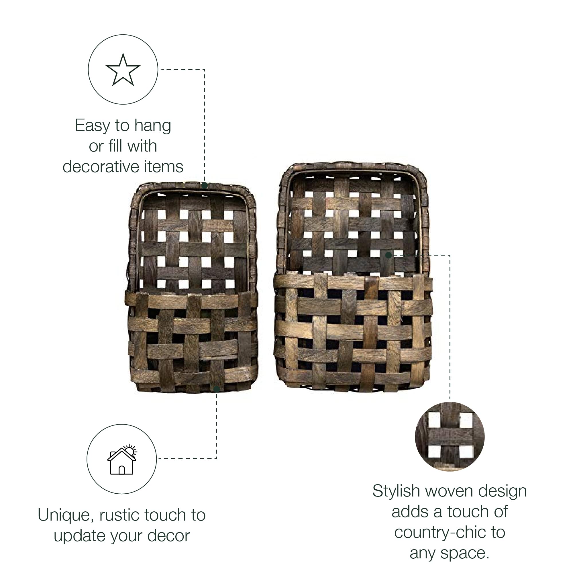 Cwi Wood Hanging Basket - Small And Large Wall Organizer And Storage Basket - Country-Style Home Decor - 2 - Aged Brown