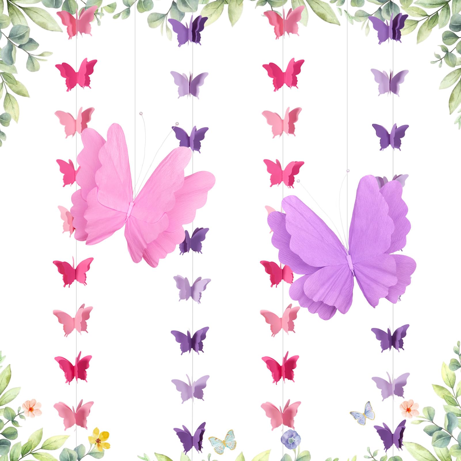Homarkable Butterfly Decorations with 20 Inch Large Hanging Butterflies and Butterfly Garland, Purple Butterfly Party Decortions