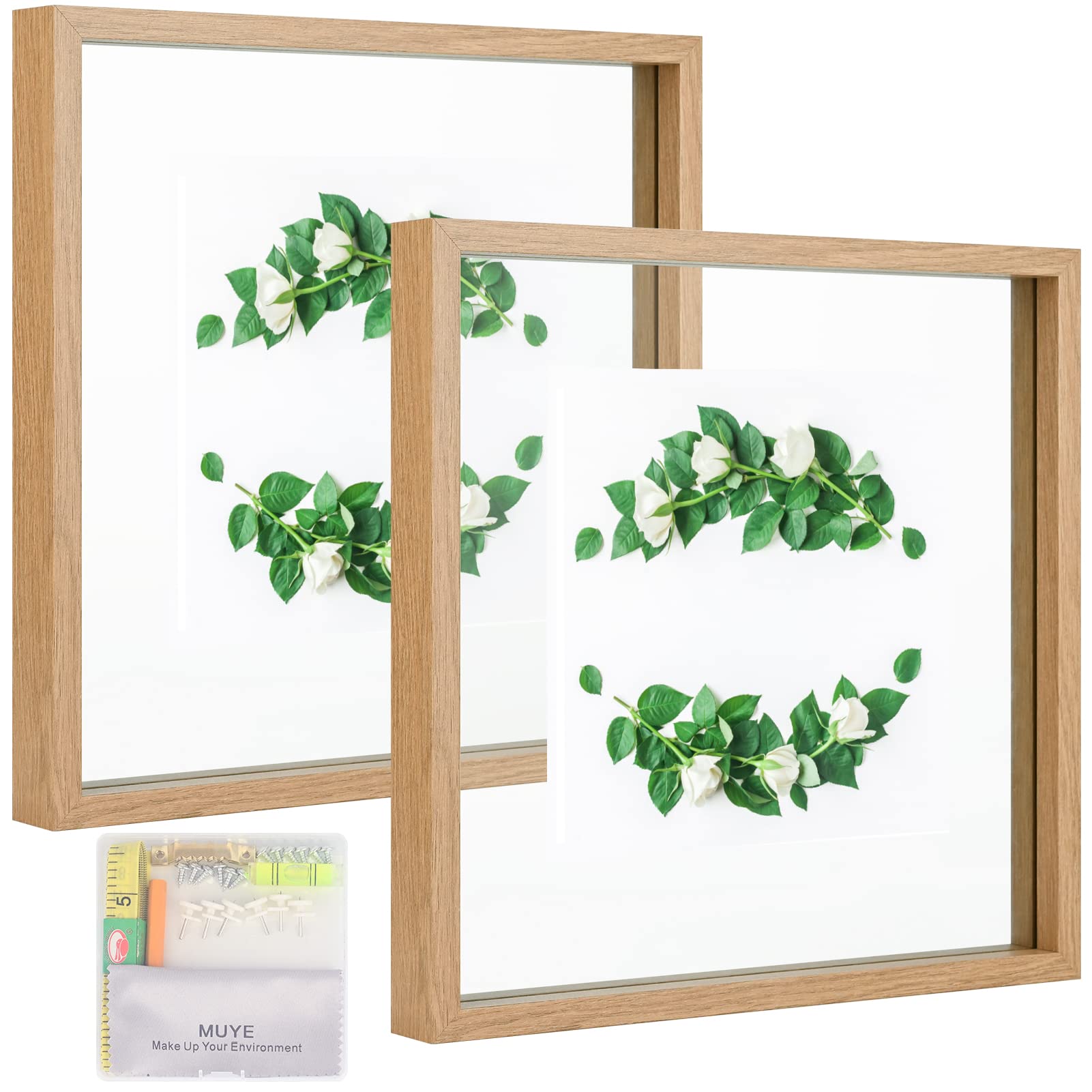 MUYE 10x10 Floating Frame Set of 2,Double Glass Square Photo Frame,Display Any Size Photo up to 10x10,Wall Mount or Tabletop Sta