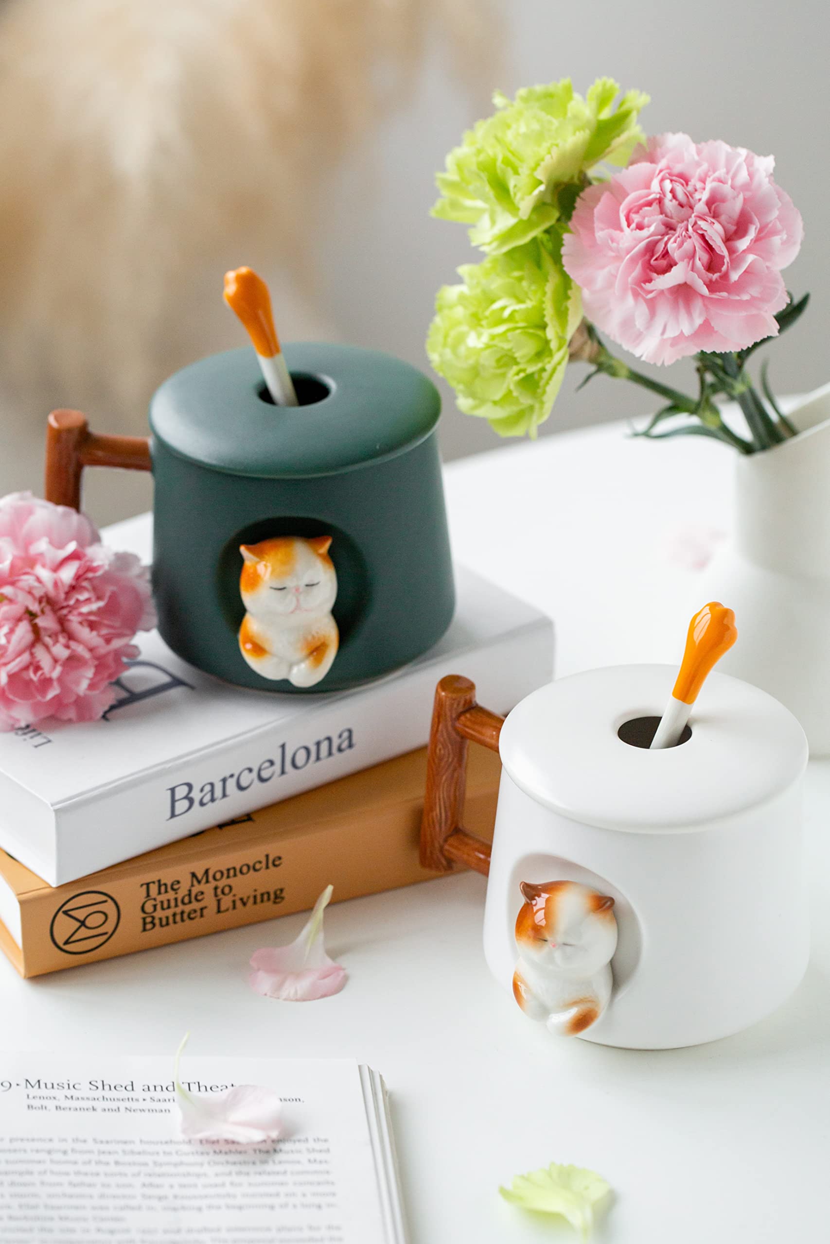 DIHOclub Ceramic Coffee Mug with Lid and Matching Spoon,Novelty 3D Cat Pattern Mug for Tea Milk Chocolate Juice,Cute Cup for Dog