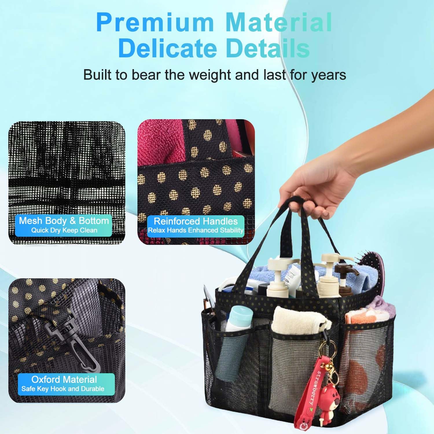 Haundry Mesh Shower Caddy Basket  Large College Dorm Bathroom Caddy Organizer with Key Hook and Oxford Handles  8 Pockets  Hanging Portable Tote Bag for Camp Gym