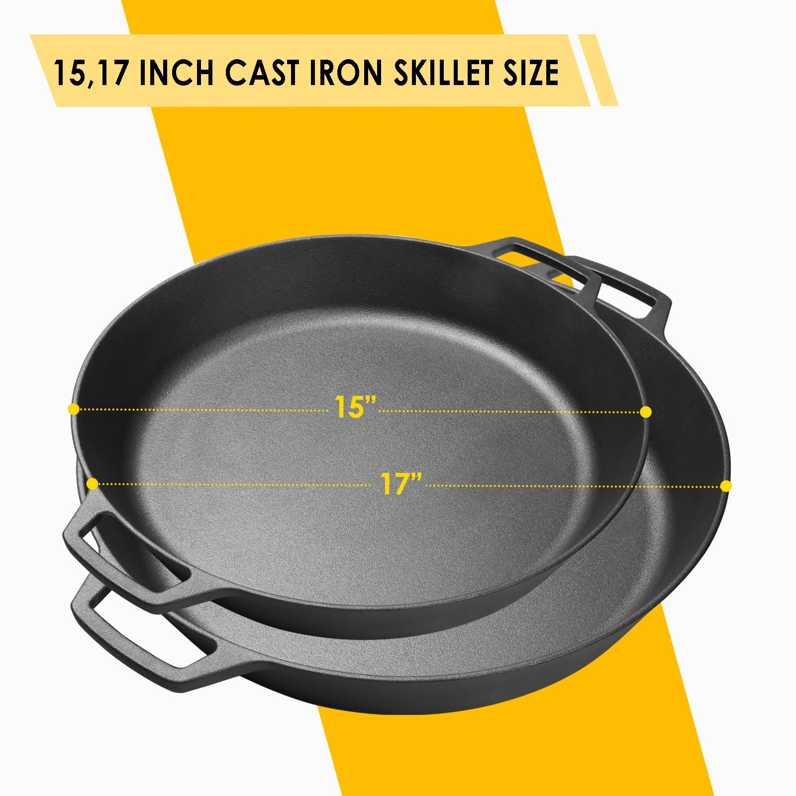 Edging Casting Pre-Seasoned Cast Iron Skillet, Large 15'' Dual Handle Frying Pan For Bread, Baking,Pizza, Outdoor Cooking, Campi
