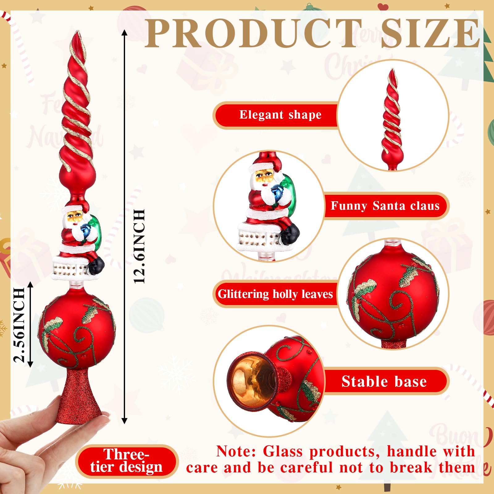 Sosation Glass Santa Claus Design Treetop 3 Tier Retro Glass Finial Tree Topper Vintage Spherical Christmas Tree Toppers Ornamen