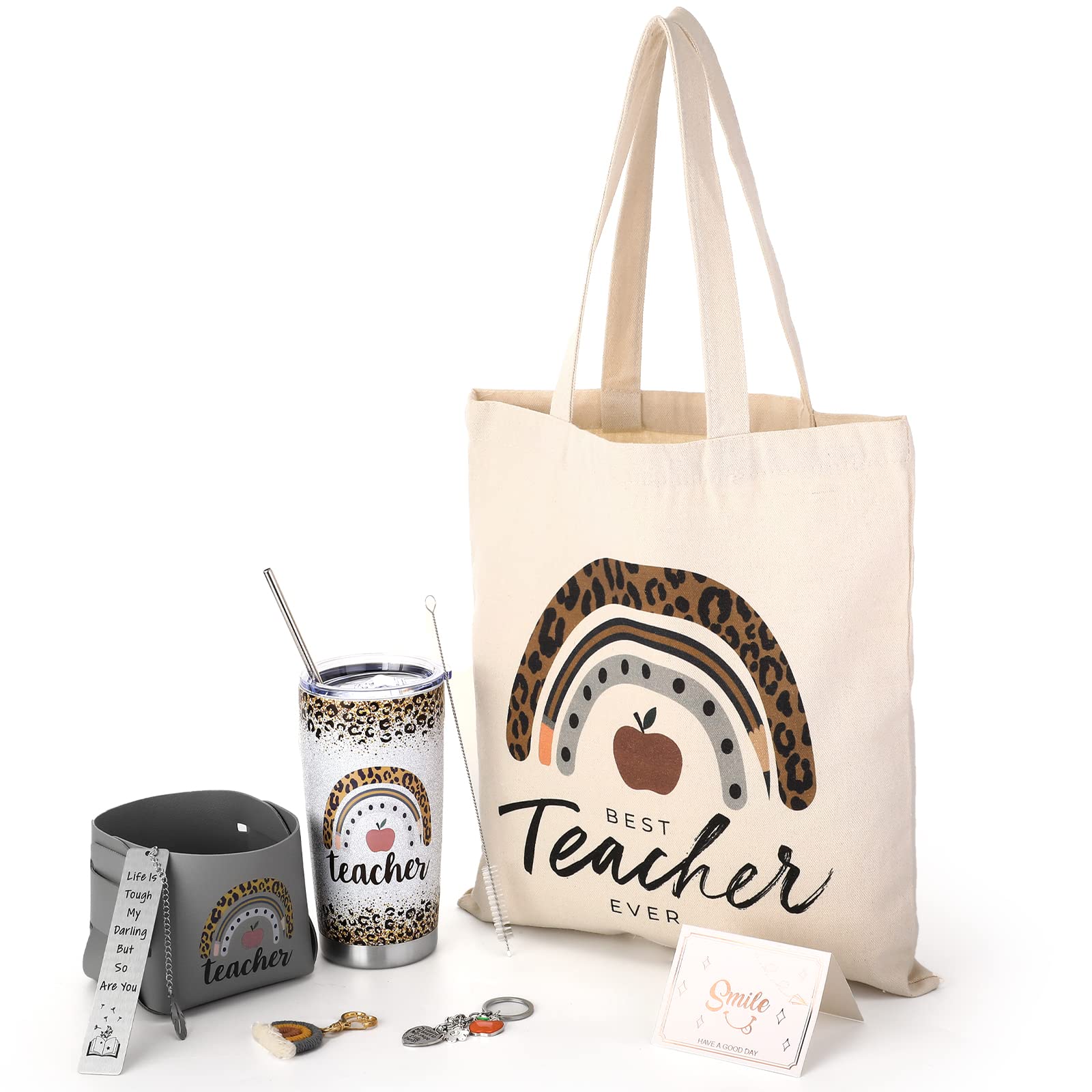 Nuenen 7 Pcs Teacher Gift For Women Teacher Appreciation Gift Rainbow Basket Include Tumbler Tote Bag Leather Bucket Card Key Ch