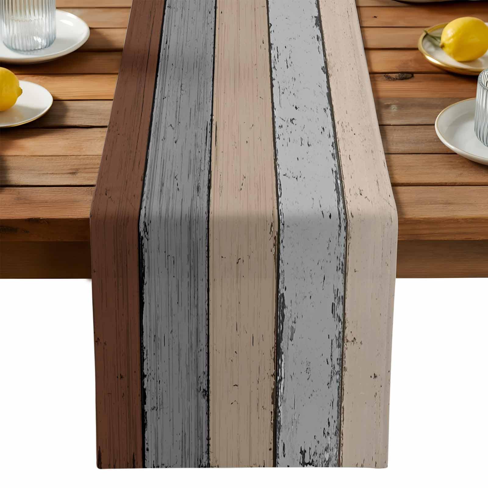 Vandarllin Farmhouse Cotton Linen Table Runner Dresser Scarf Extra Long 120 inches- Retro Rustic Barn Wood Texture Ombre Brown G