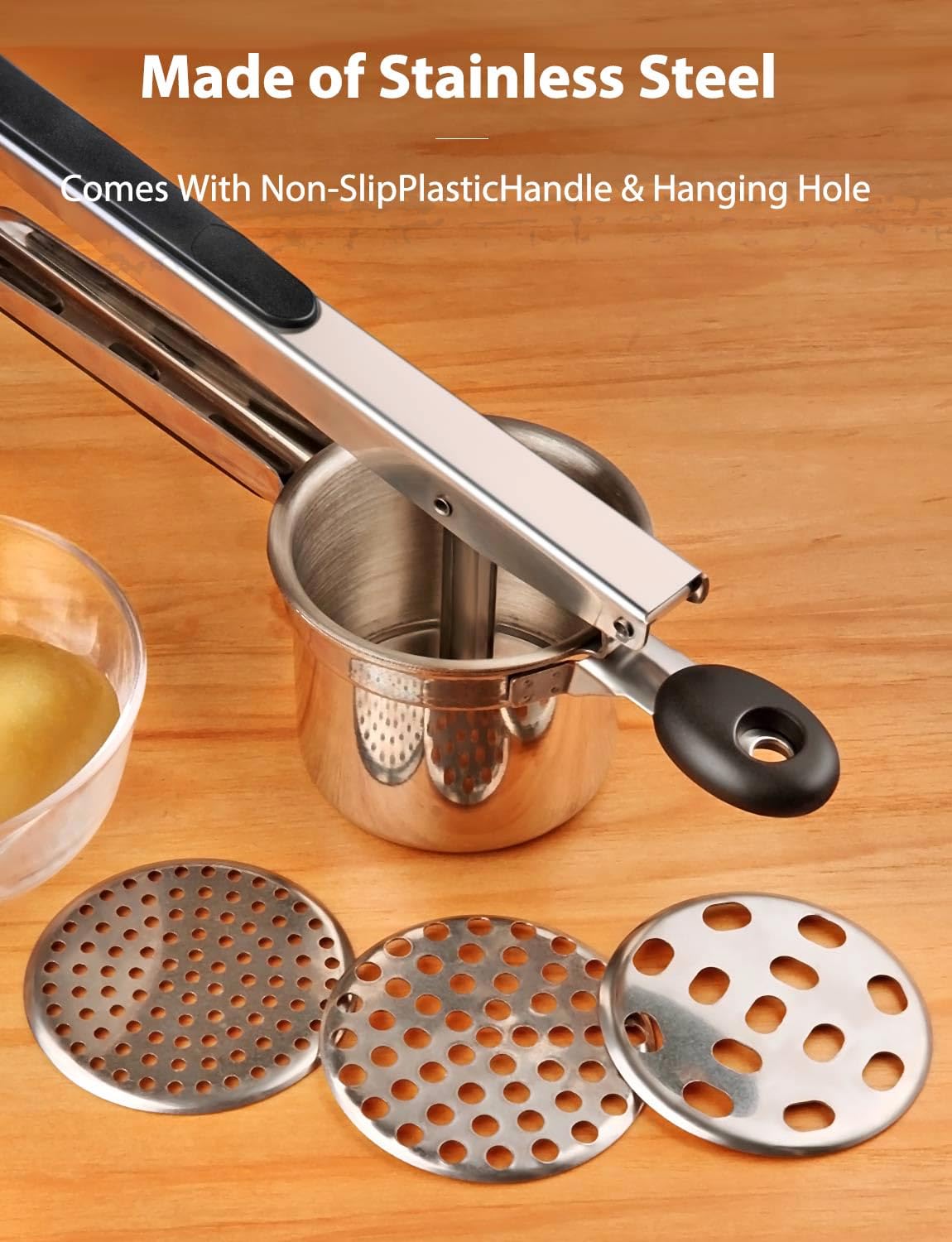 Willizter Potato Ricer, Stainless Steel Potato Ricer Fruit And Vegetables Masher Food Ricer Large Capacity With 3 Interchangeabl