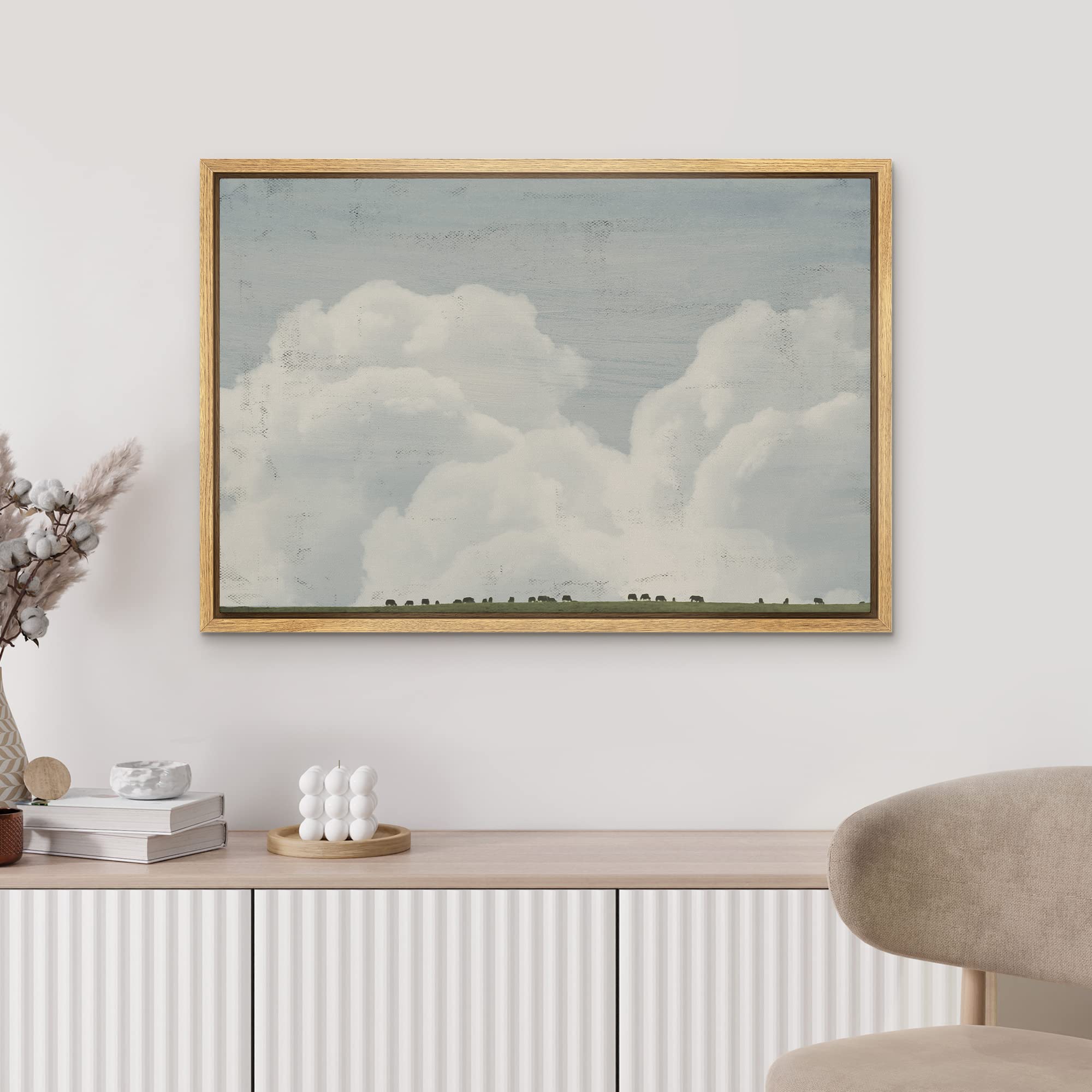 Mudecor Framed Canvas Print Wall Art White Clouds Over Grazing Cows Nature Wilderness Illustrations Modern Art Farmhouse/Country