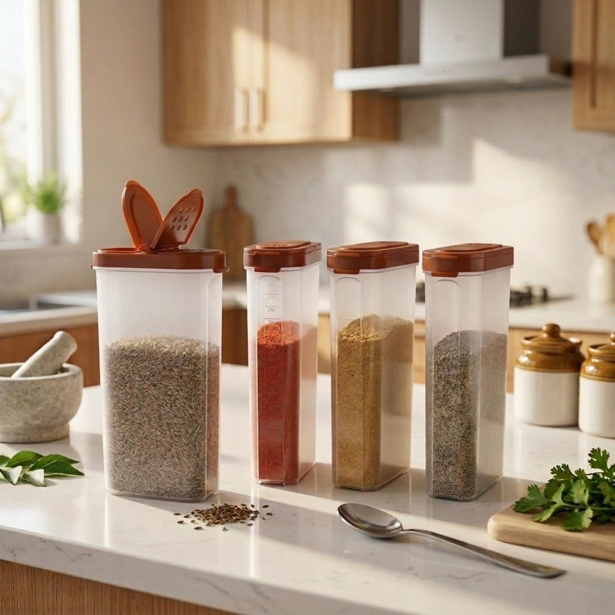 Mahaware Modular Spice Containers For Kitchen Storage Set Of 4 (425Ml Each)  Plastic Spices Container For Kitchen With Sprinkle