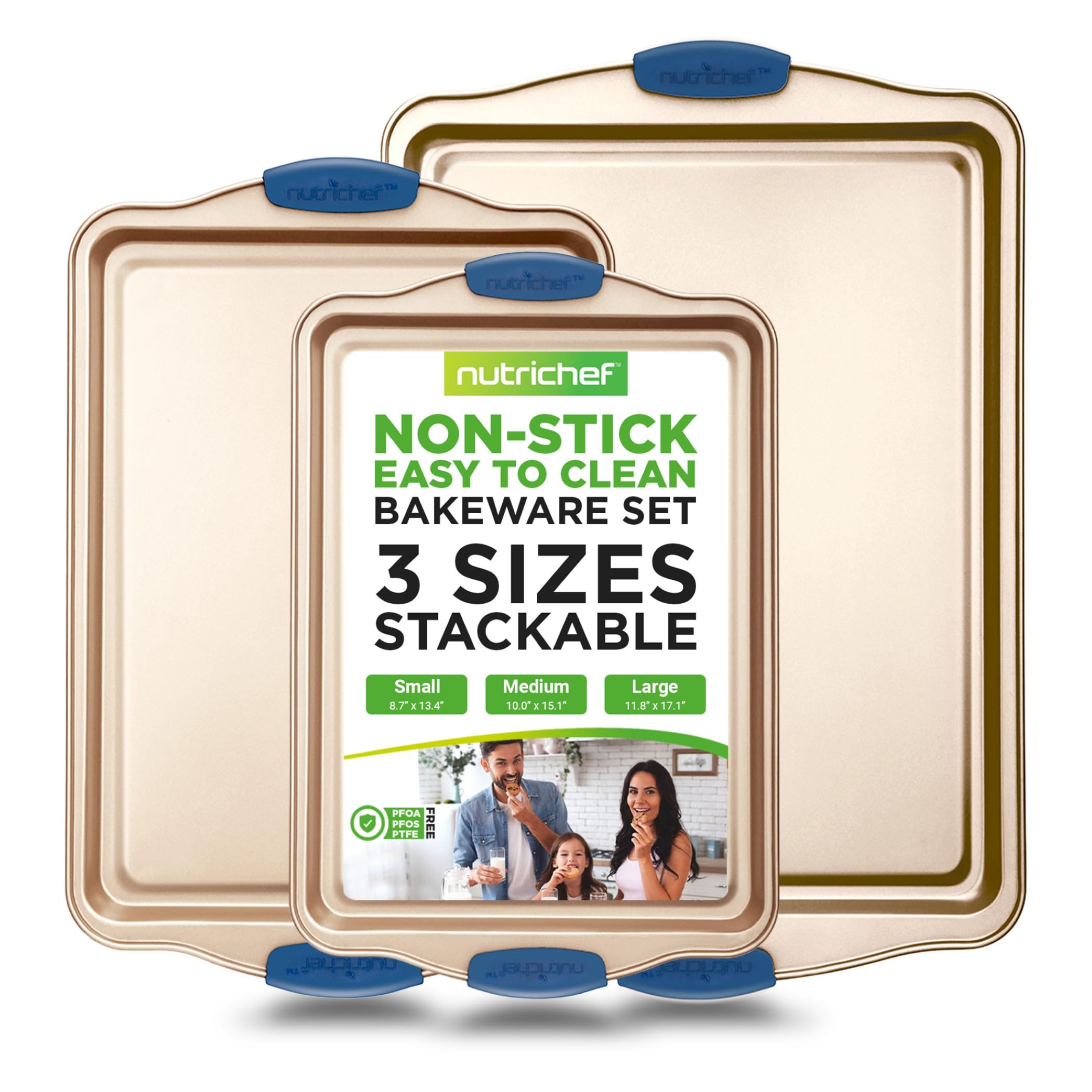 Nutrichef 3-Piece Nonstick Bakeware Set - Premium Carbon Steel Oven Baking Trays W/Blue Silicone Handles - Small, Medium & Large