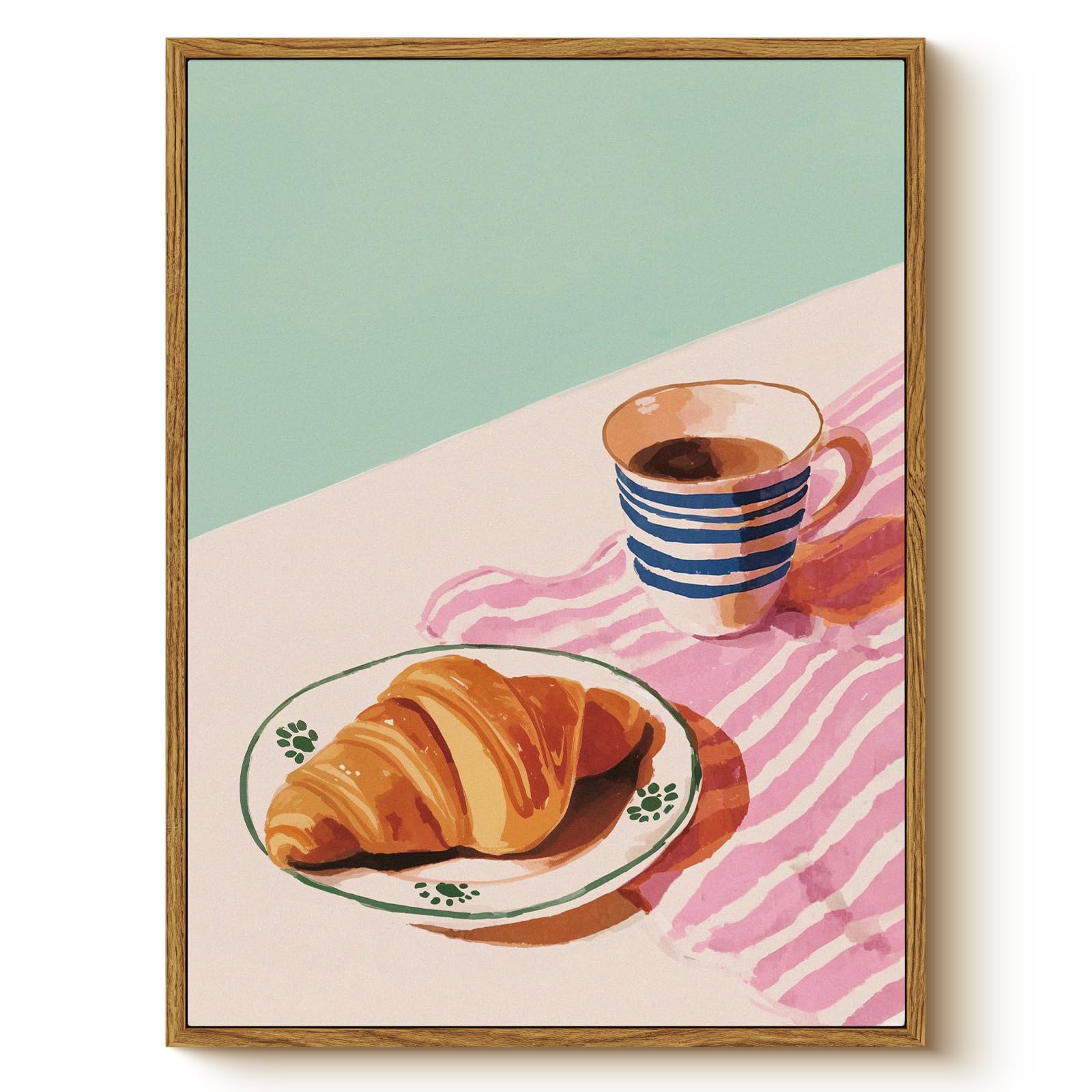Whasayart Vintage Framed Canvas Wall Art Coffee Croissant 12X16