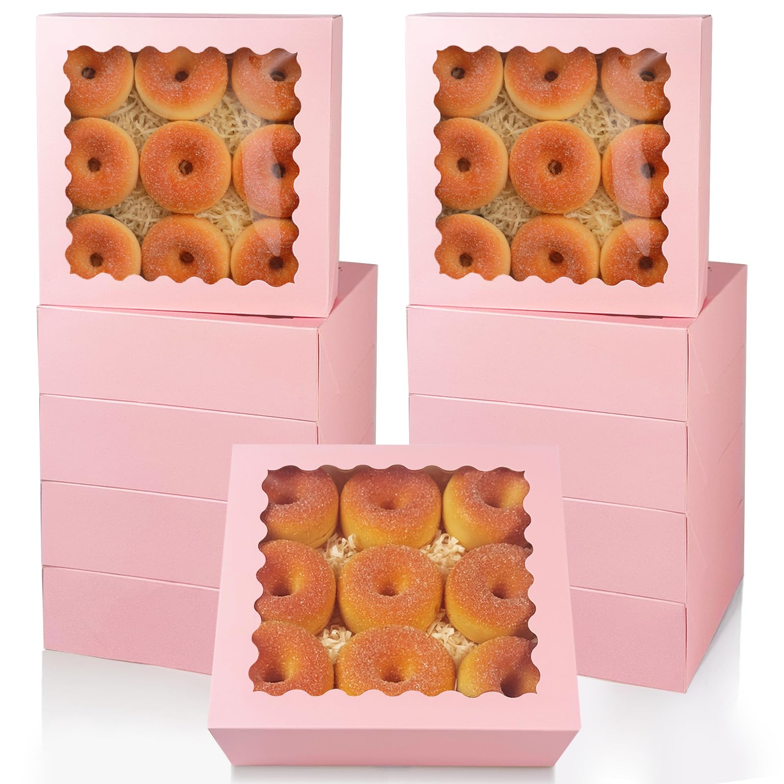 qiqee 10x10x2.5 Inch Pink Pie Boxes with Window 12Packs Cookie Donut Bakery Box (Auto-pop Up)