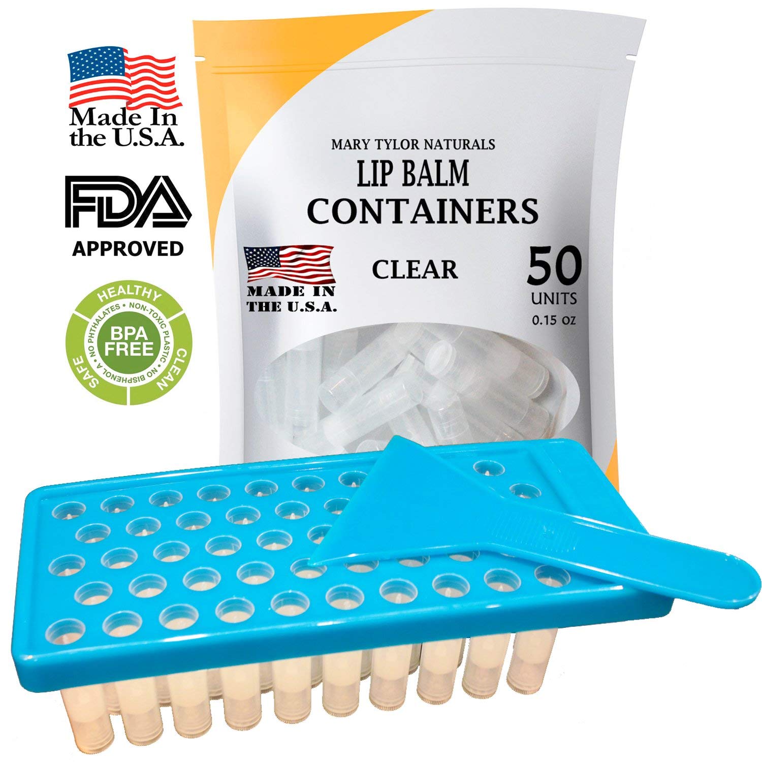 Lip Balm Container Tray Kit with Fill Tray and Spatula  BPA Free  Made in the USA  Includes 50 Clear Containers with Caps (0.15 oz each) by Mary Tylor Naturals