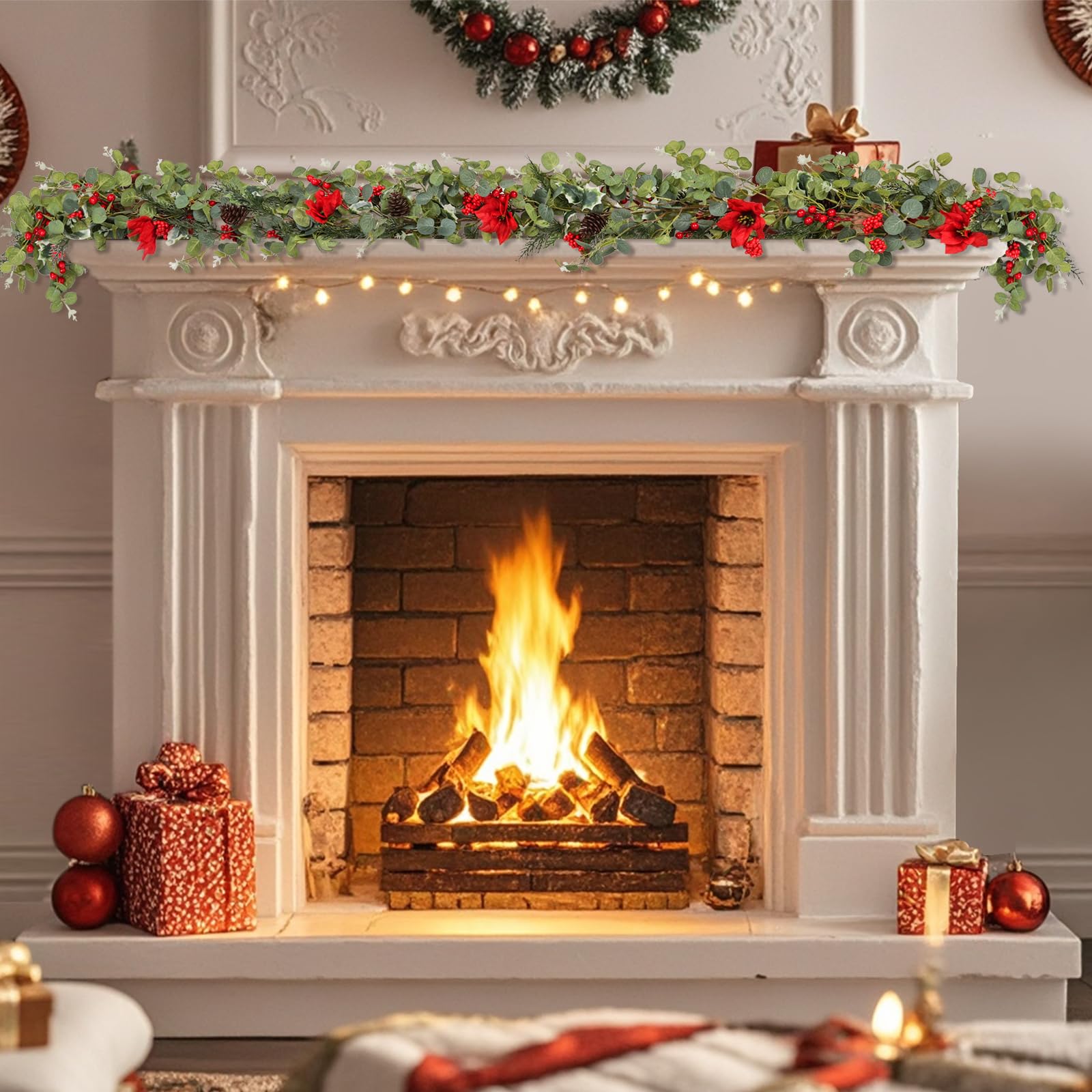 6ft Artificial Christmas Poinsettia Garland with Eucalyptus Leaves, Red Berries Garland Decor for Home, Fireplace, Wall, Porch,