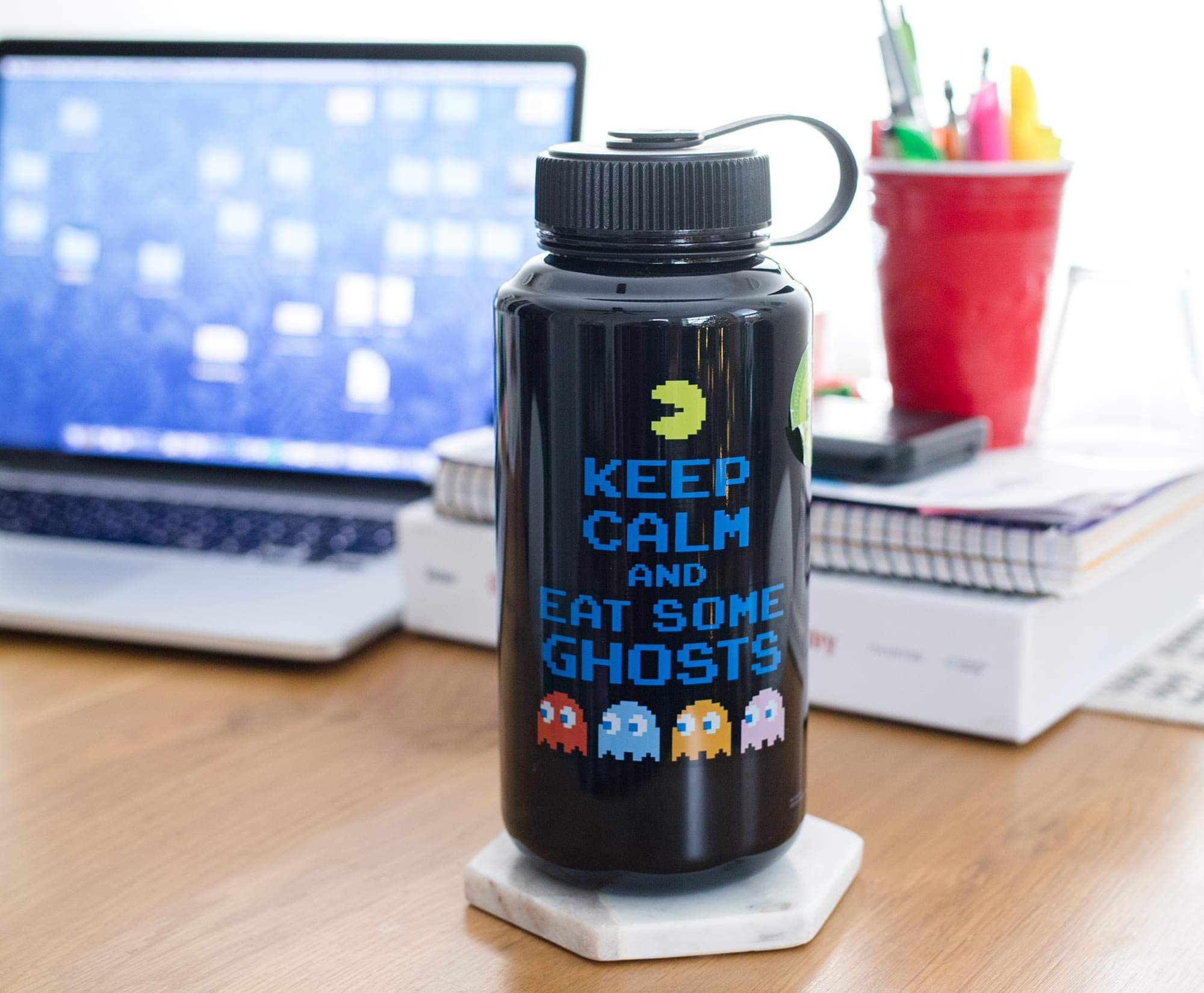 Pac-Man ''Keep Calm And Eat Some Ghosts'' Plastic Water Bottle | Holds 32 Ounces