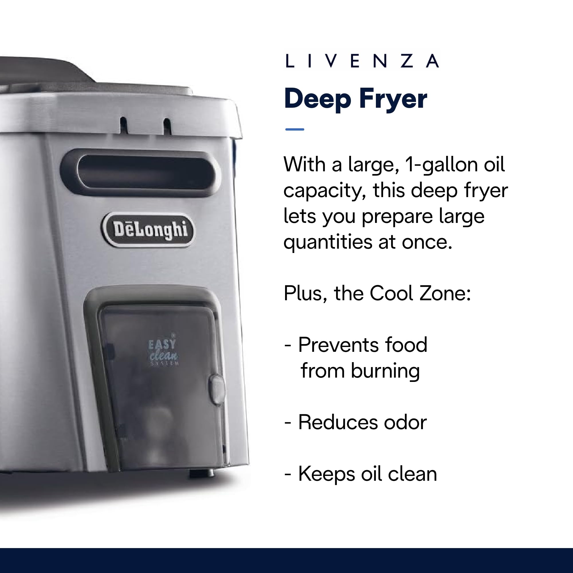 Delonghi Livenza Deep Fryer, Silver - 1-Gallon Oil Capacity - Easyclean System - Adjustable Thermostat - Cool Touch Handles - Di
