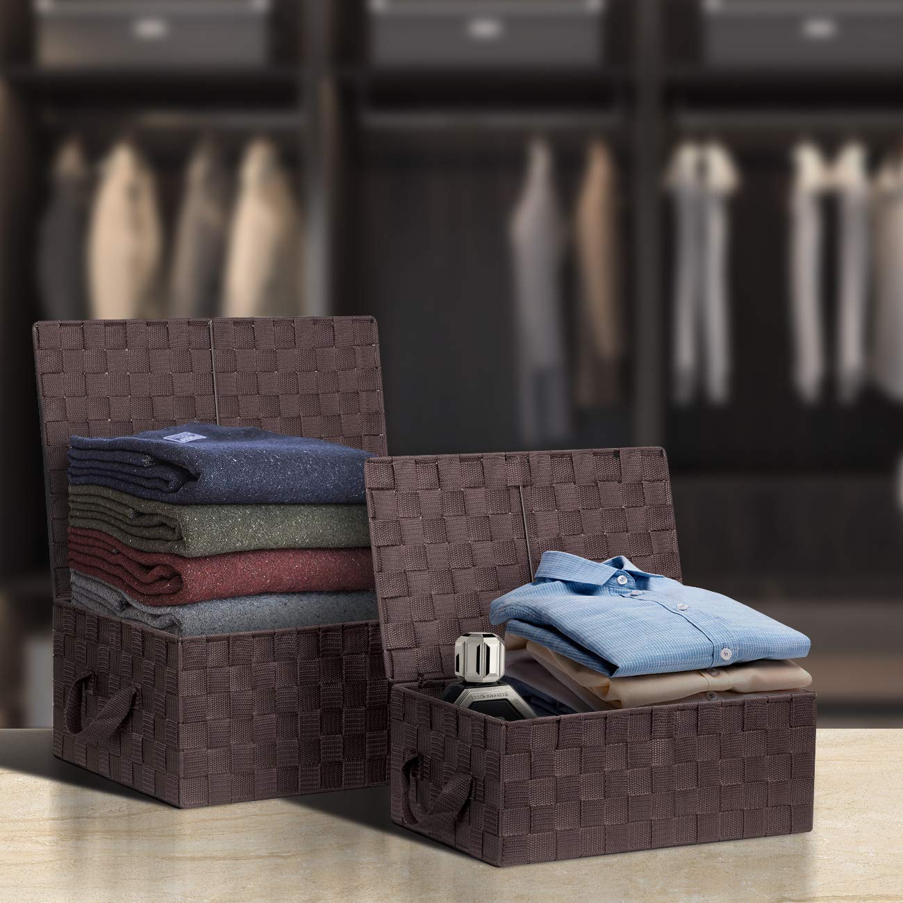 Sorbus Set Of 3 Storage Baskets For Organizing With Lid, Mesh Hand-Woven Design, Linen Closet Organizers And Storage, Organizer