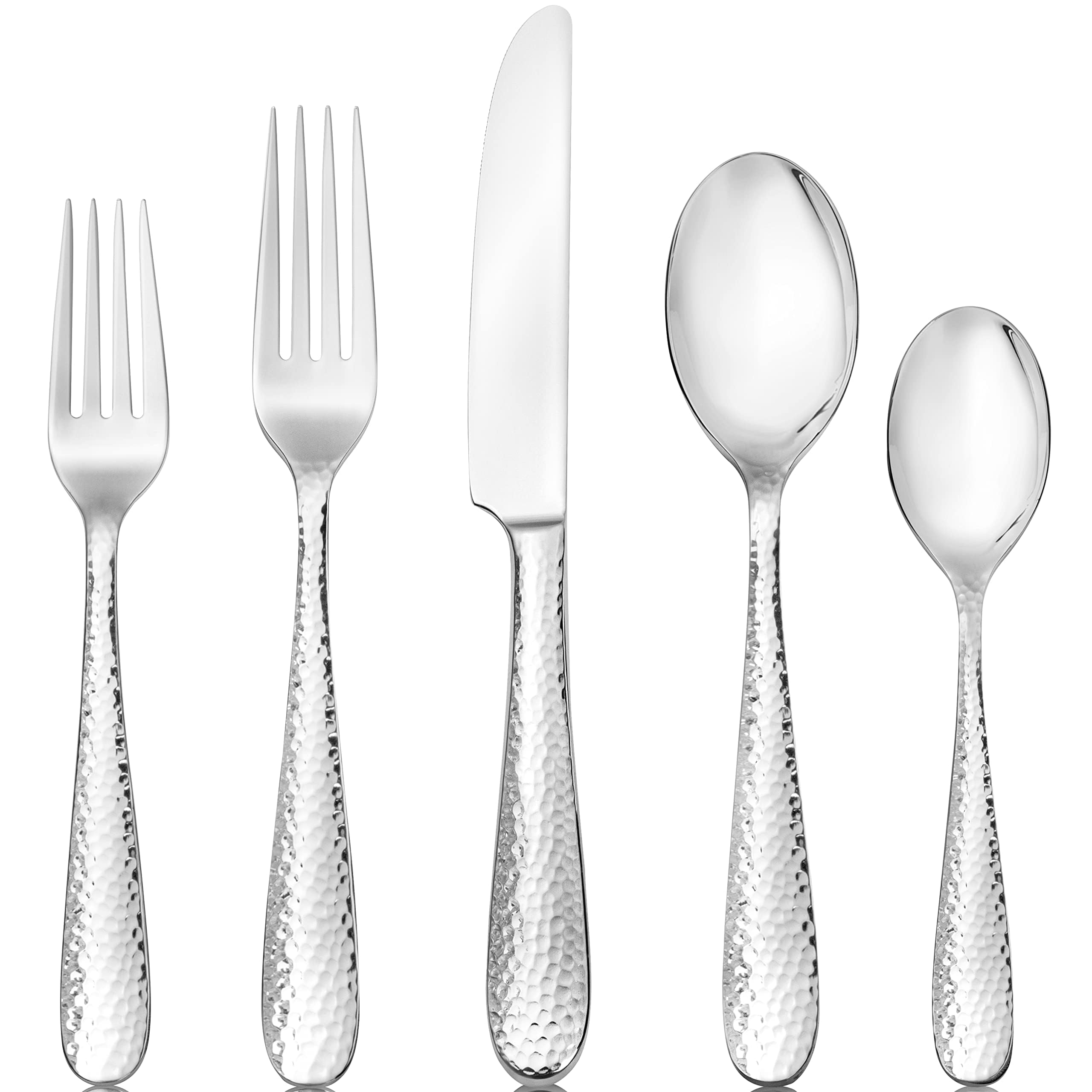 Hudson Essentials 40-Piece Hammered 18/10 Mirror Stainless Steel Silverware Set, Utensil Flatware Service For 8 - Bergamo Premiu