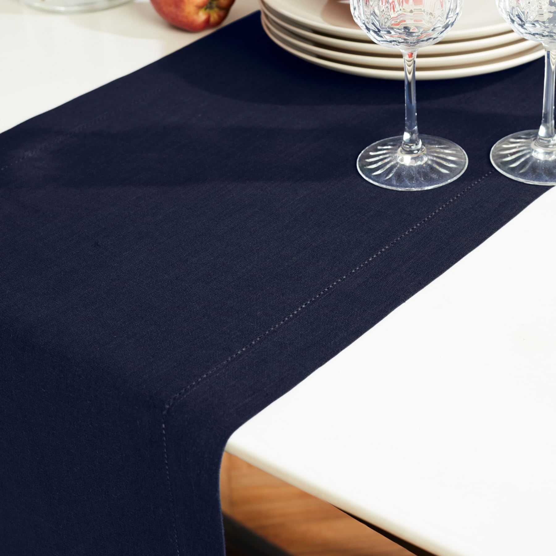 Solino Home Linen Indigo Navy Table Runner 120 Inches Long - Sonoma Hemstitch 100% Pure Linen Prewashed Dining Table Runner 14 X