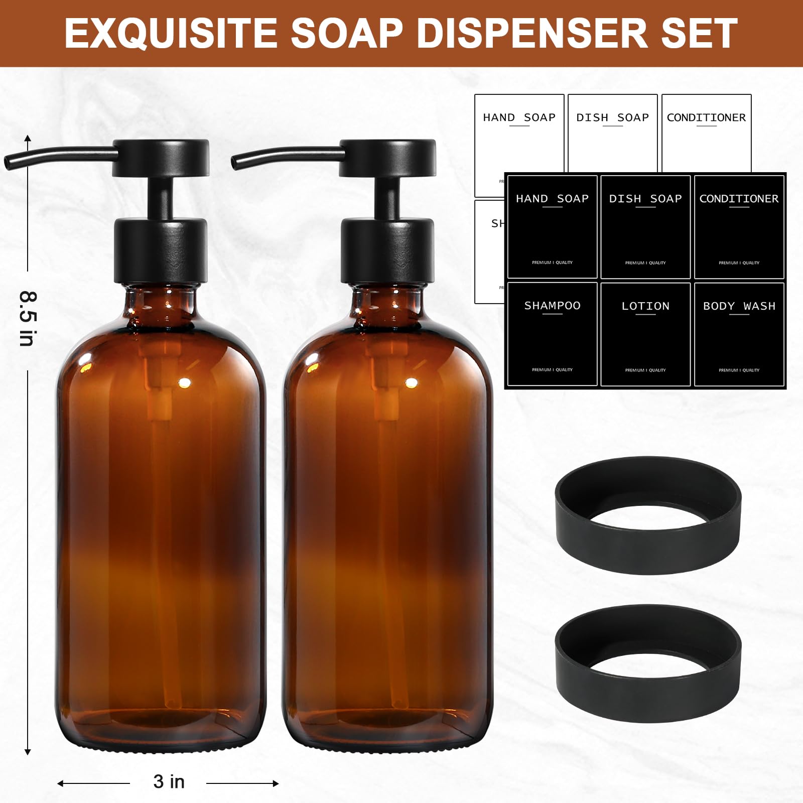 Rytoxilo Amber Glass Soap Dispenser 2 Pack, Bathroom Hand Soap Dispenser With Stainless Steel Pump, 16 Oz Kitchen Hand And Dish