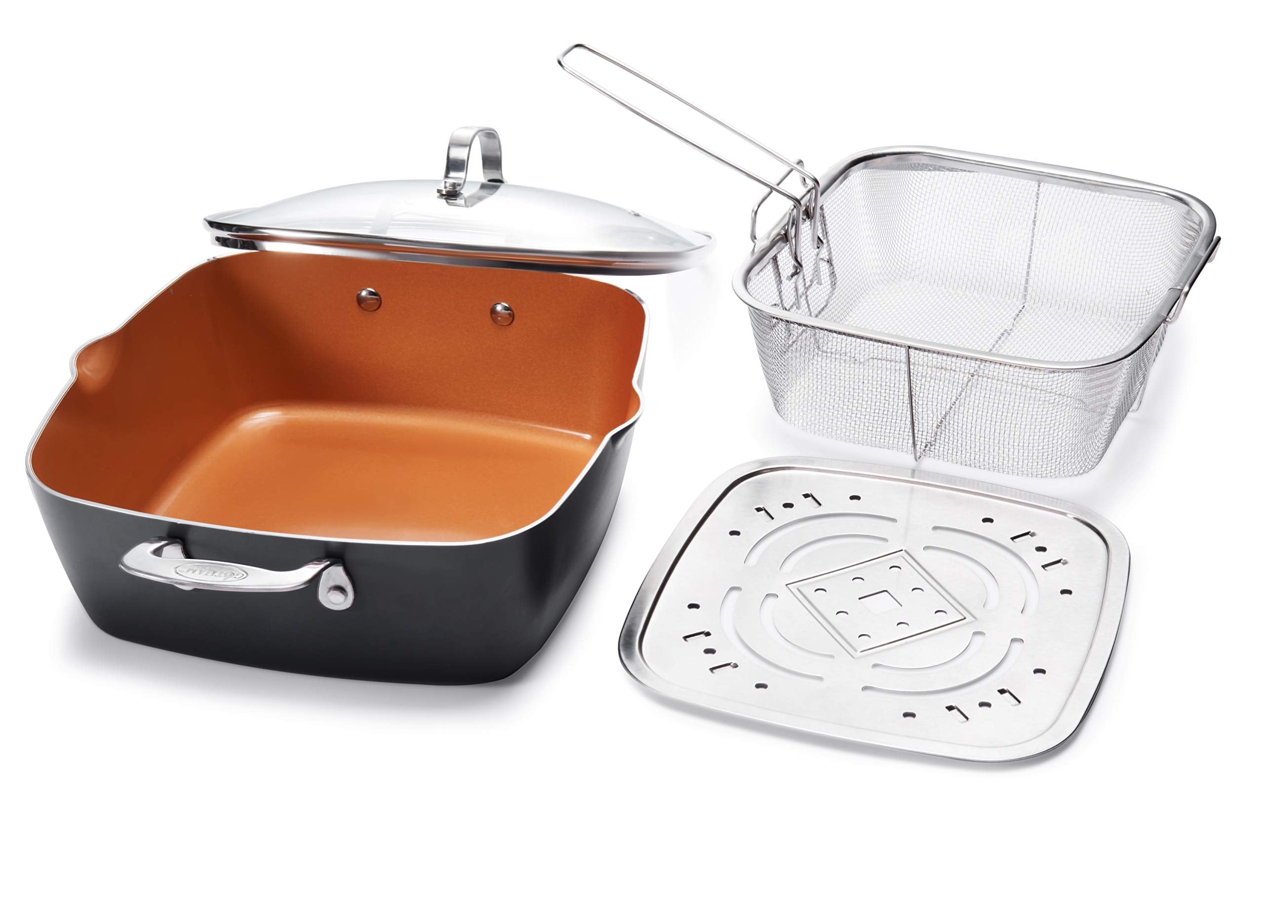 GOTHAM STEEL - 6 Quart XL Nonstick Copper Deep Square All in One 6 Qt Casserole Chefs Pan & Stock Pot- 4 Piece Set, Includes Fry