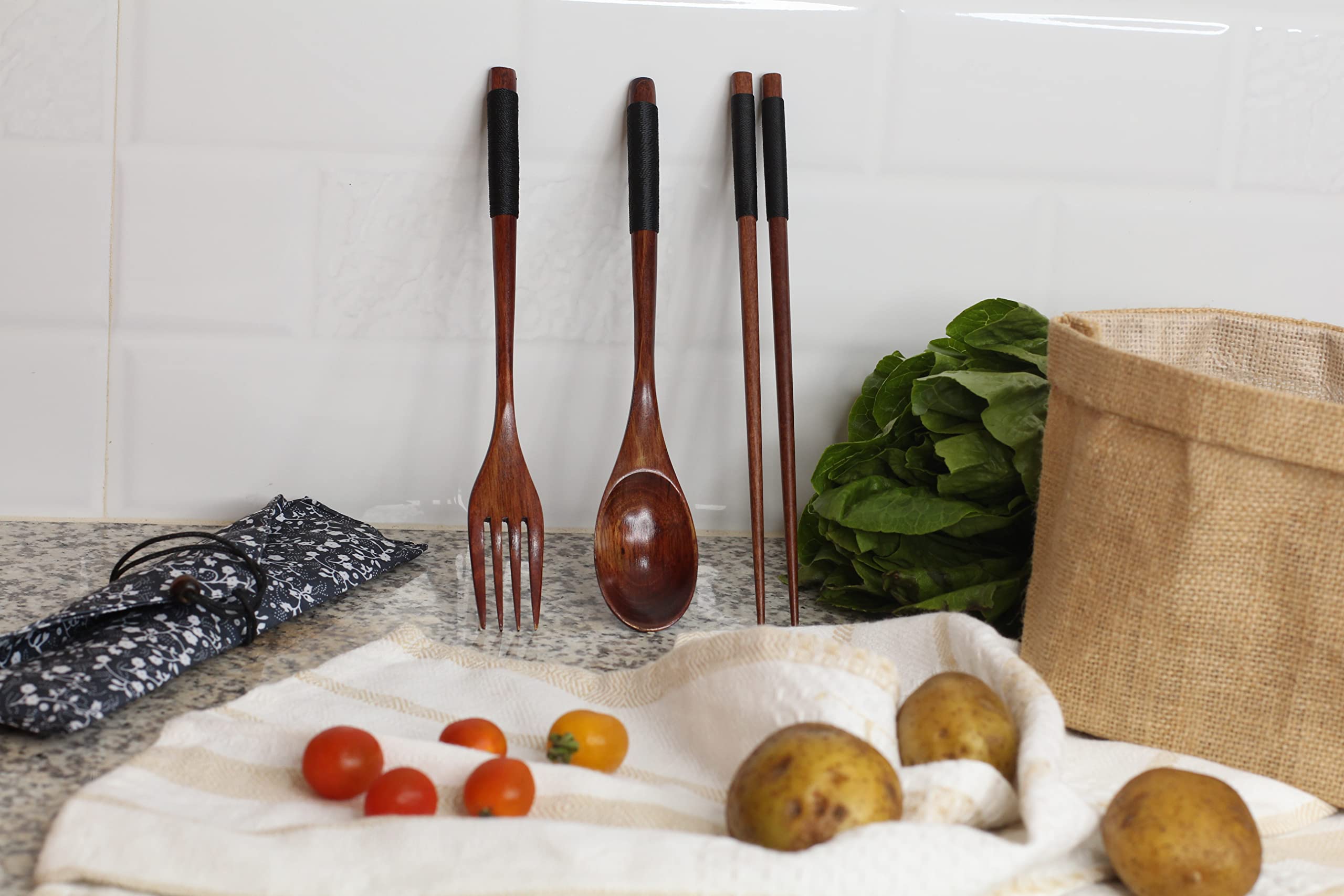 Printsupremacy 3-Piece Japanese Wooden Utensil Set Spoon Fork And Chopsticks With Floral Pouch, Foodie Travel Novelty Business,