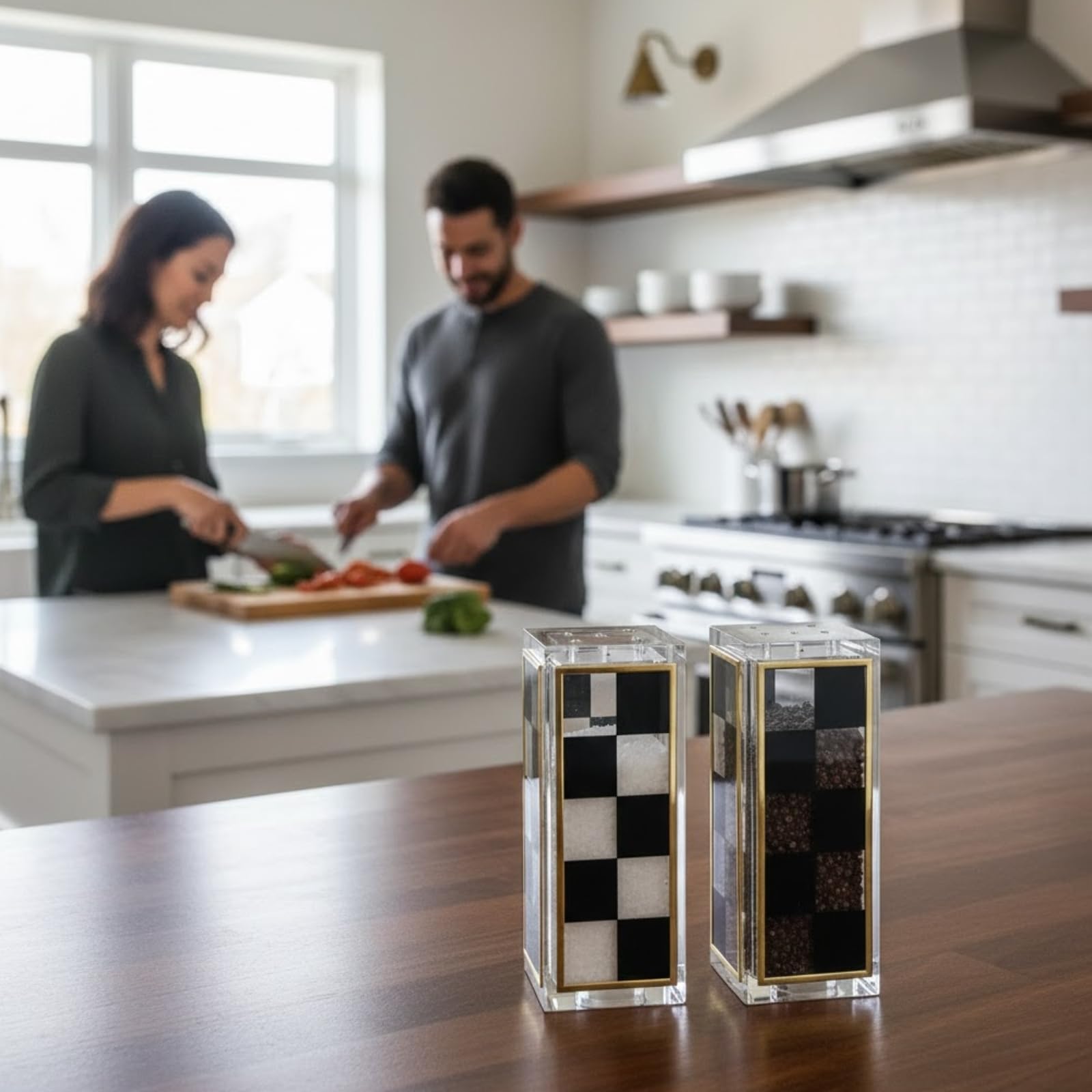 Checkered Salt and Pepper Shakers Set, Black White Square Design with 3 & 5 Holes