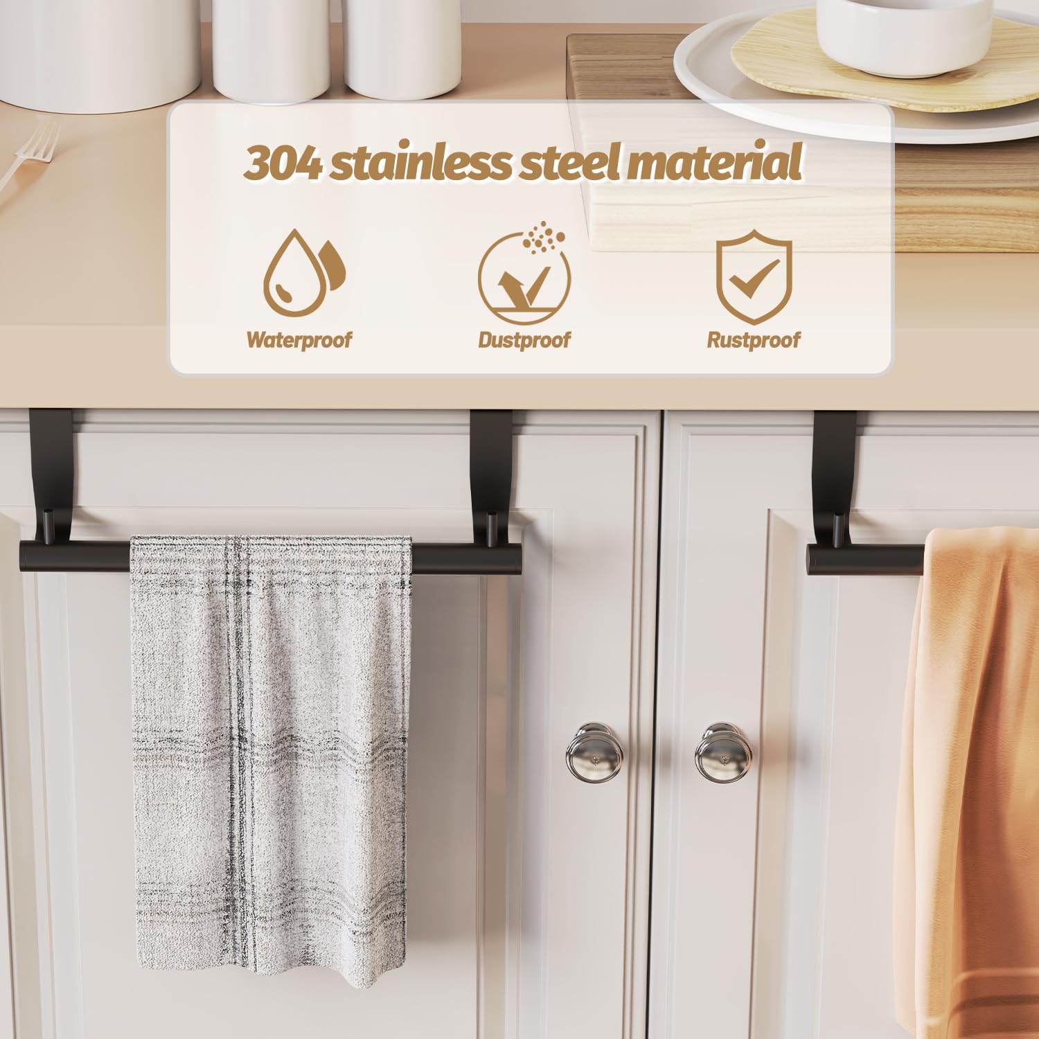 Vehhe Kitchen Towel Holder-2Pcs, 9-Inches, Dish Towel Holder With 2 Hooks, Over Cabinet Towel Bar With Eva Foam Pads, Over The D