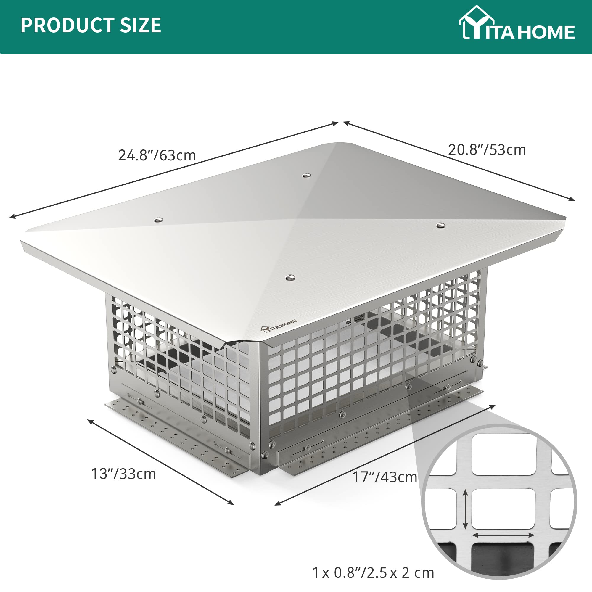 Yitahome Chimney Cap, 13'' X 17'' Chimney Cover For Outside, 304 Stainless Steel Fireplace Chimney Caps With Adjustable Metal St