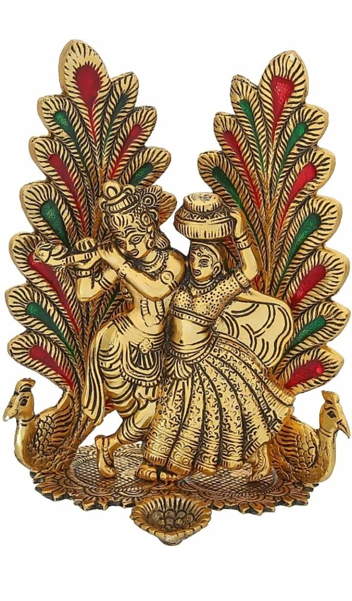 LABHCART Metal Radha Krishna Idol Statue with Diya Peacock Design Decorative Showpiece (Metal, Gold)