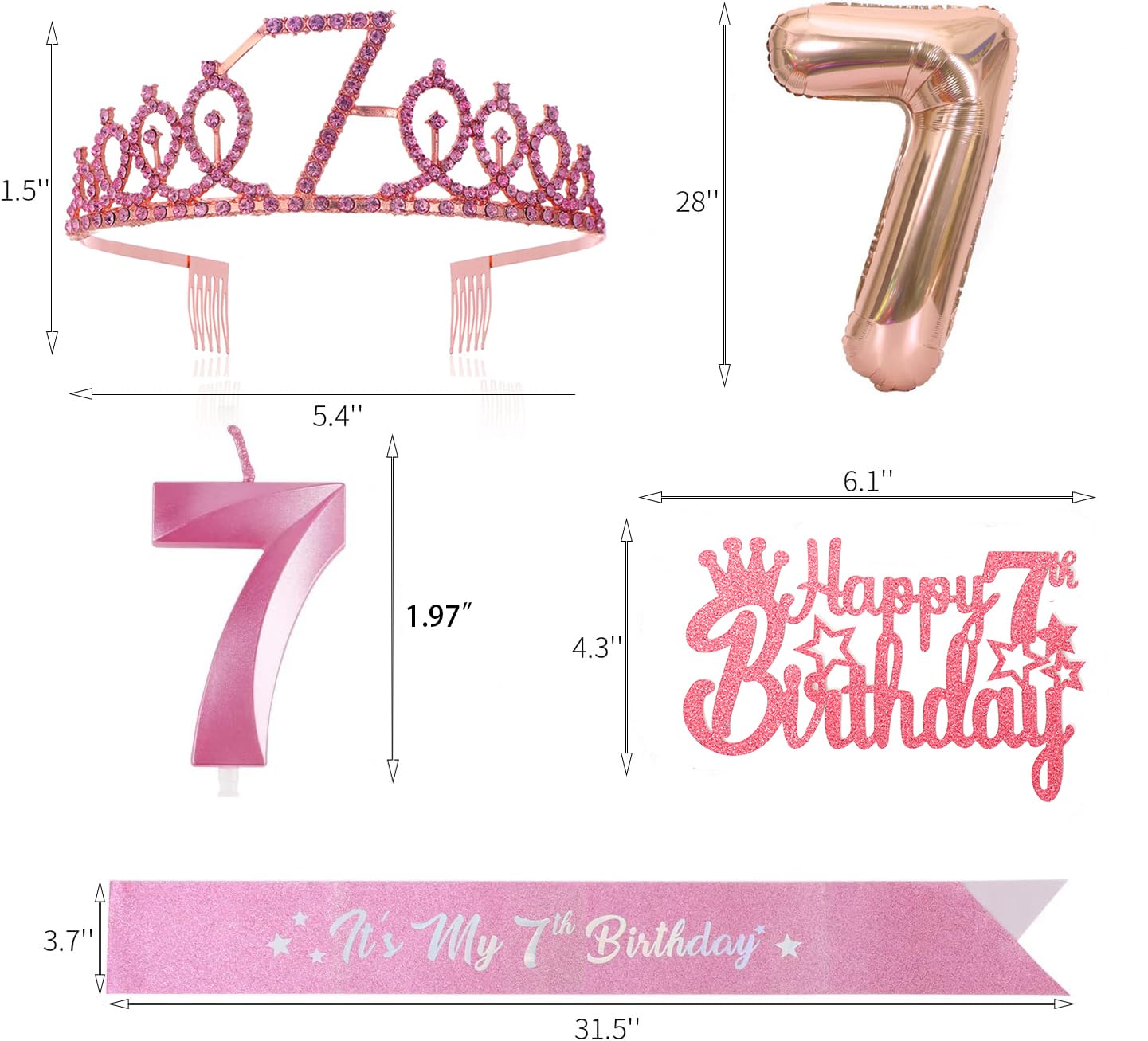 7Th Birthday Candle Sash And Tiara,It'S My 7Th Birthday Sash Rhinestone Crown Happy Birthday Cake Topper Foil 7 Balloon For Girl