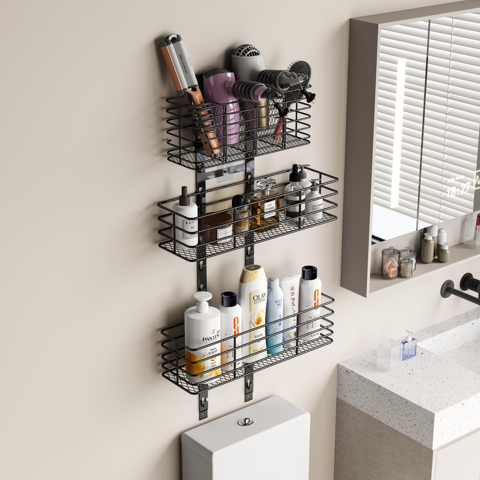 5-Tier Over The Door Bathroom Organizer - Hair Dryer Holder - Hair Tool Organizer Adjustable Height, Diy Bathroom Storage Shelf