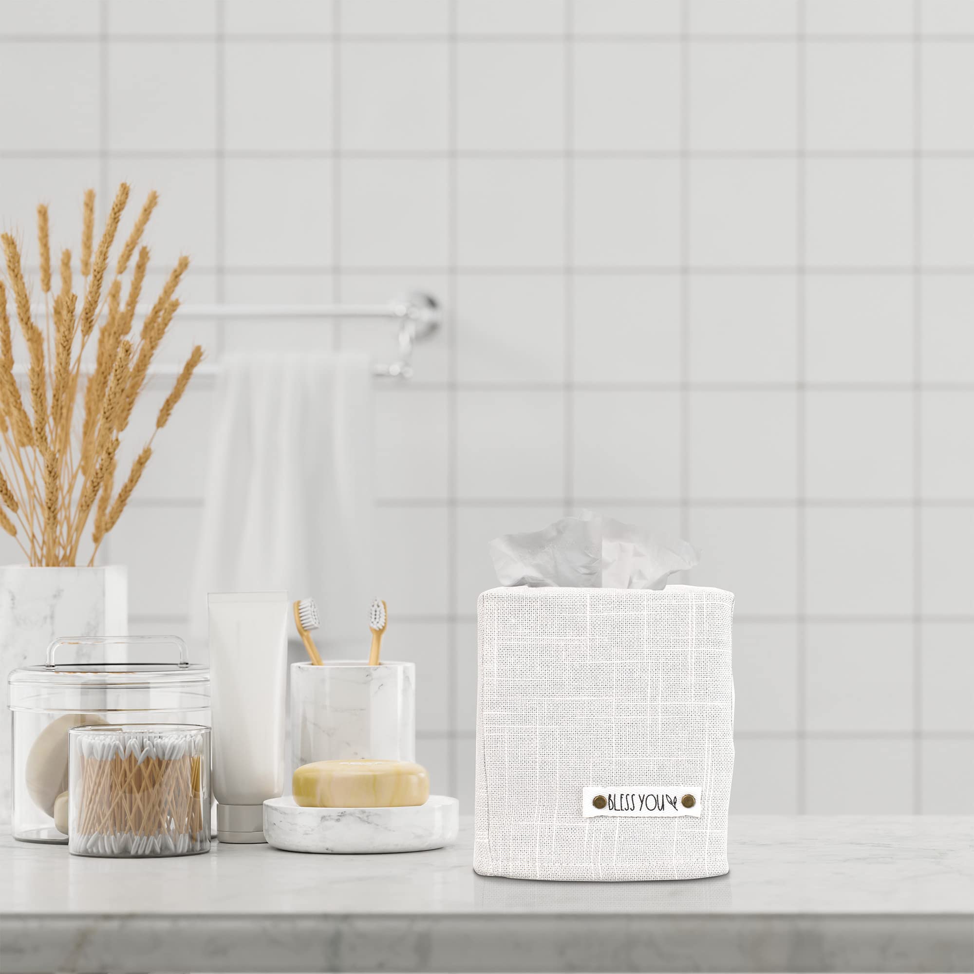 Stylish Tissue Box Cover - This White Linen Holder Instantly Covers Your Square Tissue Boxes - The Perfect Cube Cover For Your B
