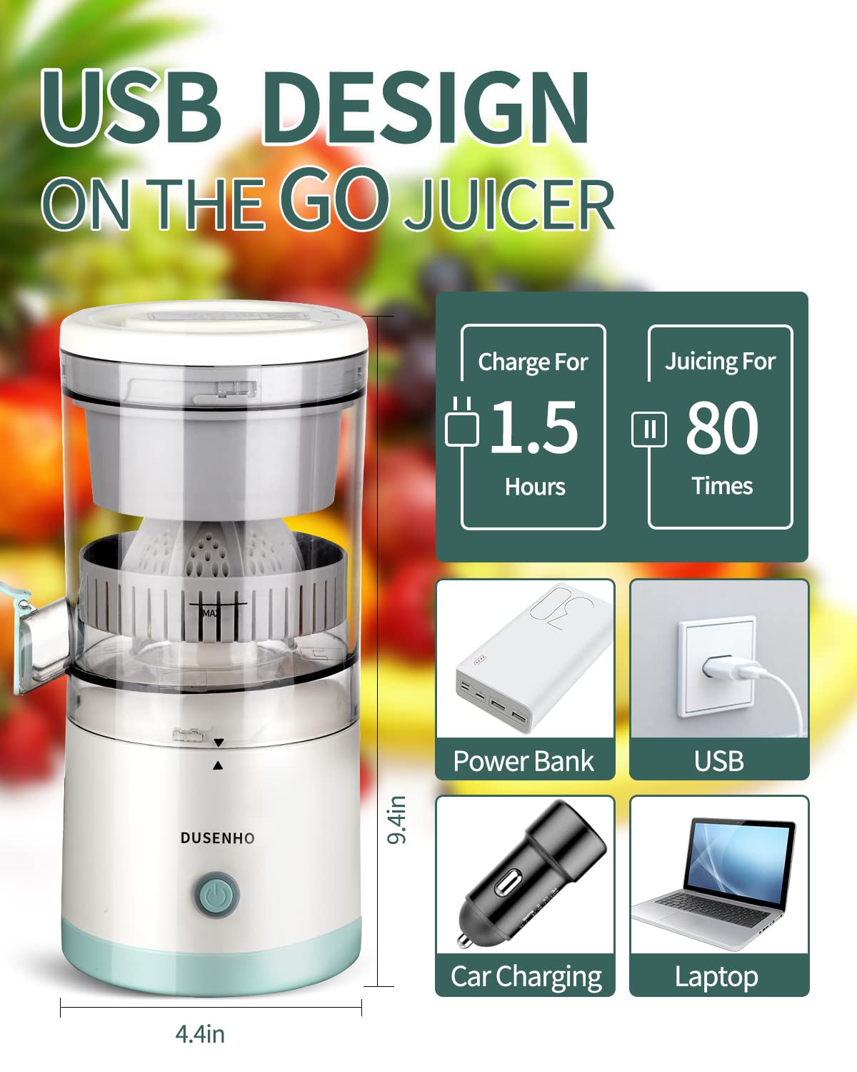 DUSENHO Electric Juicer Rechargeable - Citrus Juicer Machines with USB and Cleaning Brush Portable Juicer for Orange  Lemon  Grapefruit