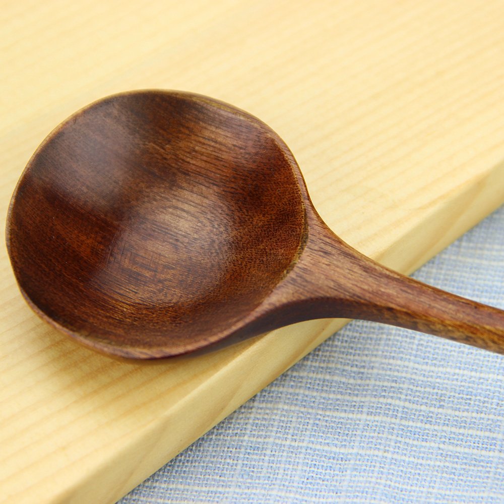 Long Spoons Wooden, 5 Pieces Korean Style 10.9 Inches 100% Natural Wood Long Handle Round Spoons For Soup Cooking Mixing Stirrer