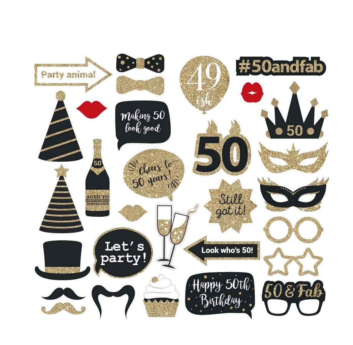 Festiko 30 Pcs 50th Birthday Photo Booth Props, Cardstock, Decorative Cutout, 50th Birthday Party Props, Letter Print