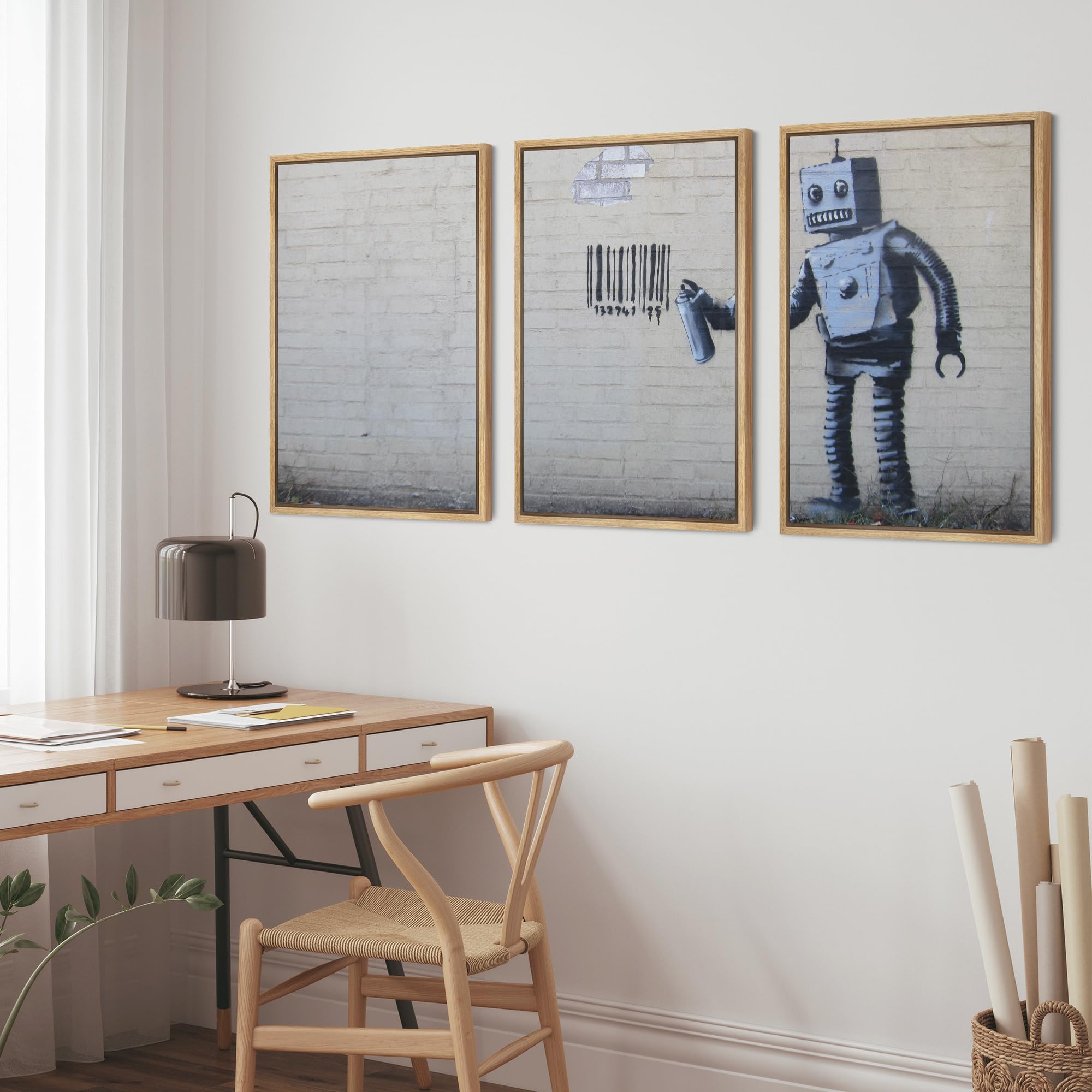 Wall26 - Robot Graffiti Banksy Street - Framed Canvas Art Wall Art - 24''X36''X3 Natural