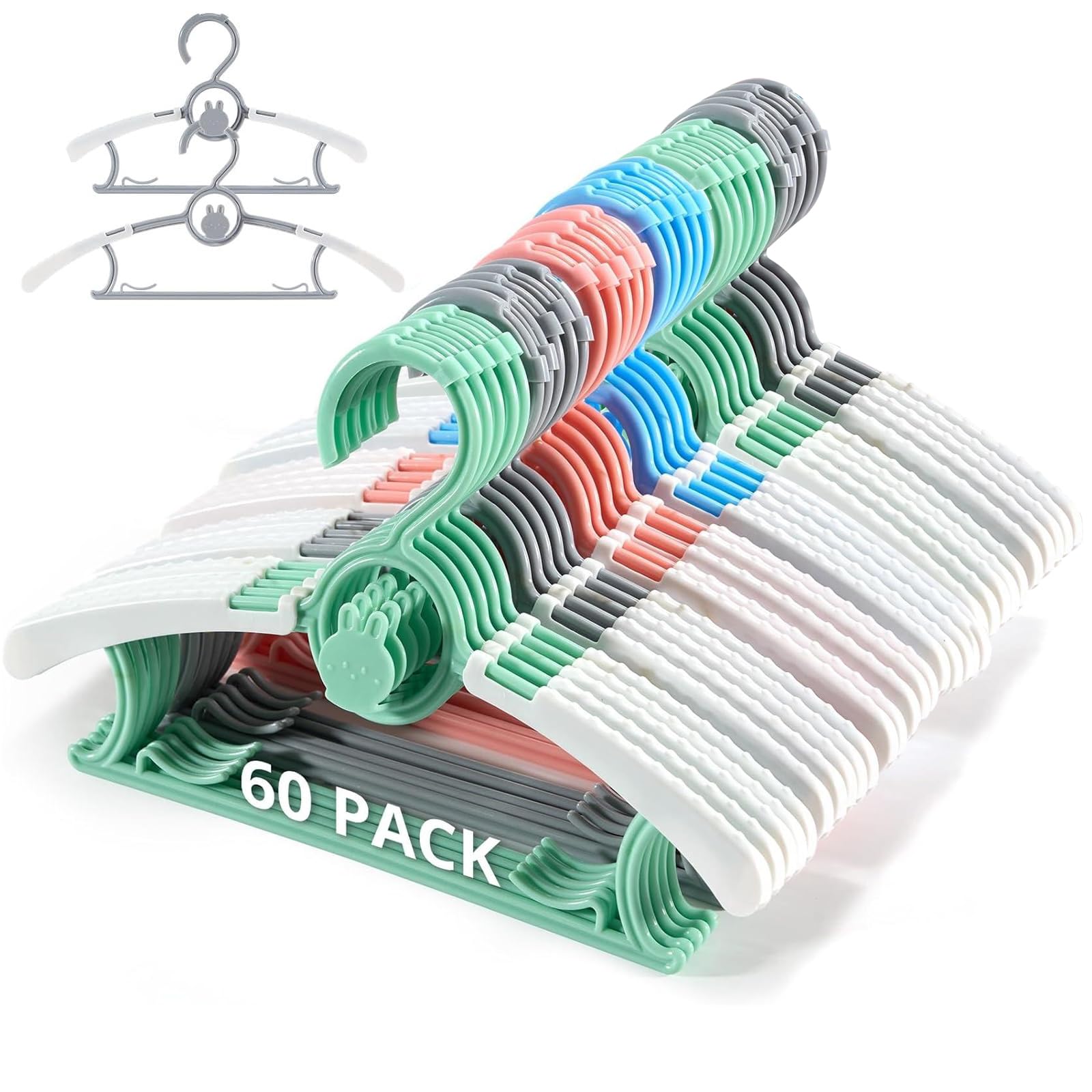 Piglog Kids Hangers, Extendable & Stackable Baby Hangers, 60Pcs Mix-Colors Toddler Hangers For Baby Toddler Children Kids Teen,
