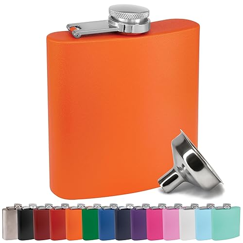 Clear Water Home Goods - 6 Oz Powder Coated Stainless Steel Hip Flask - Wedding Party - Groomsman - Bridesmaid (Matte Orange, 1)