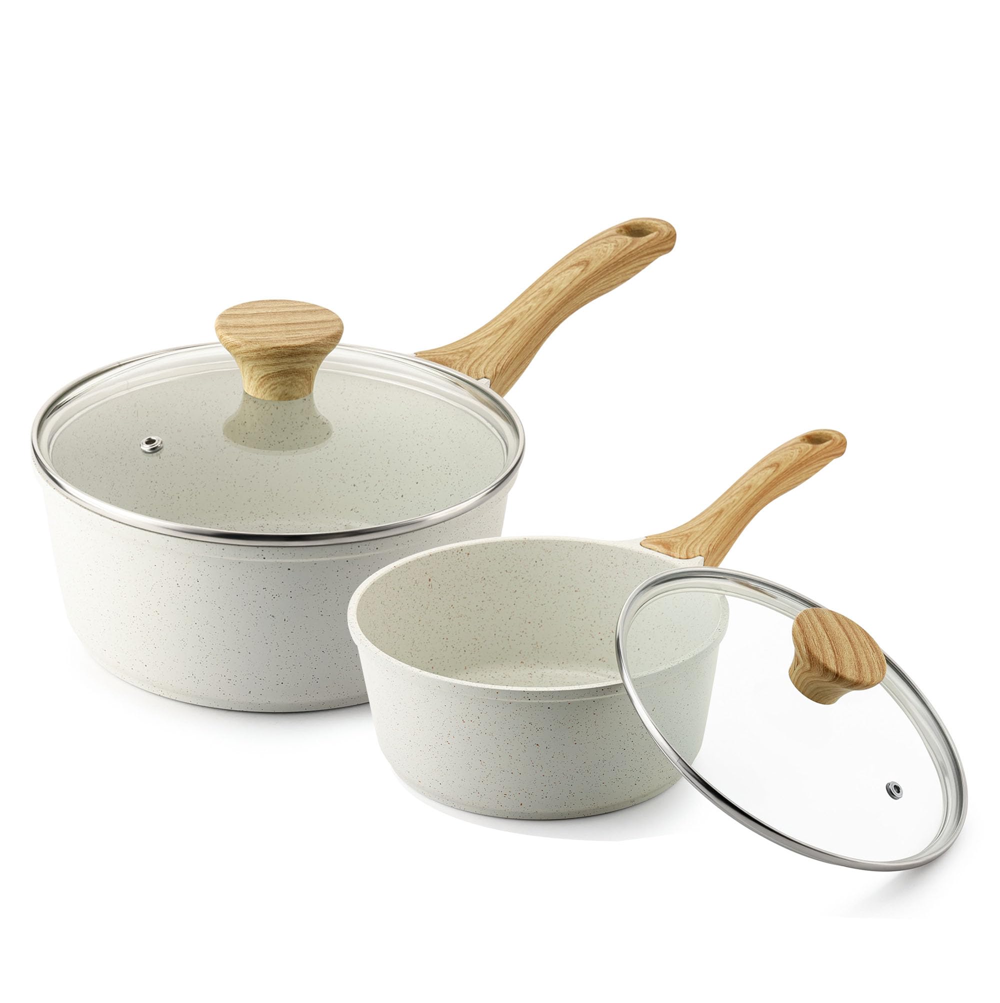 SENSARTE White Ceramic Nonstick Saucepan with Lid Set, Small Cooking Pot with Stay Cool Handle, Induction Compatible Saucepot, W