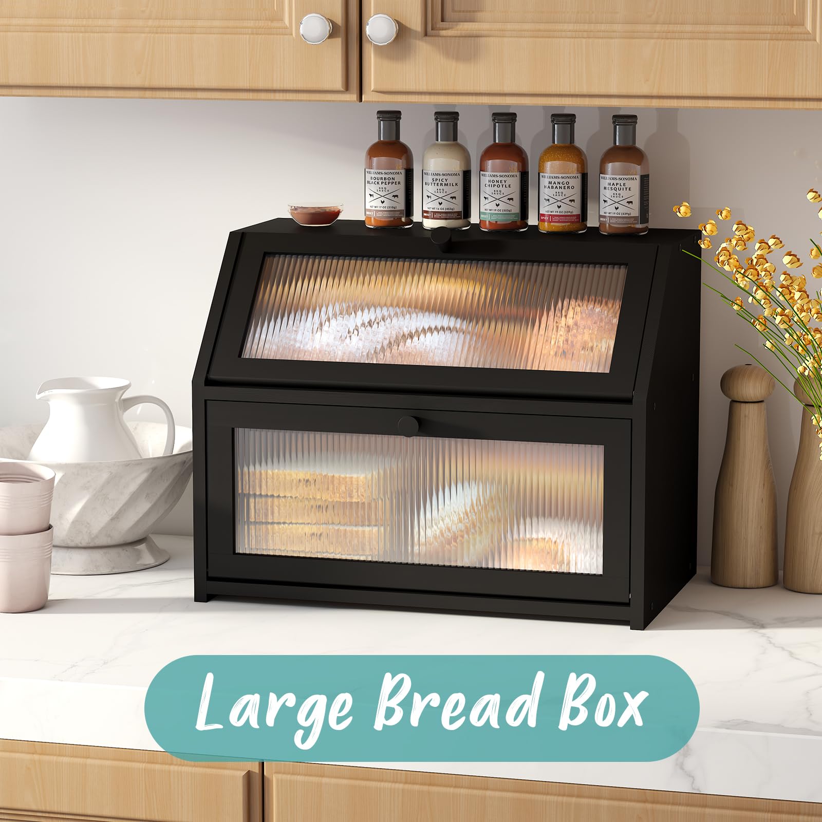 Vriccc Black Bread Box For Kitchen Counter, Large Bamboo Wood Double Layer Bread Box, Wooden Bread Storage Capacity