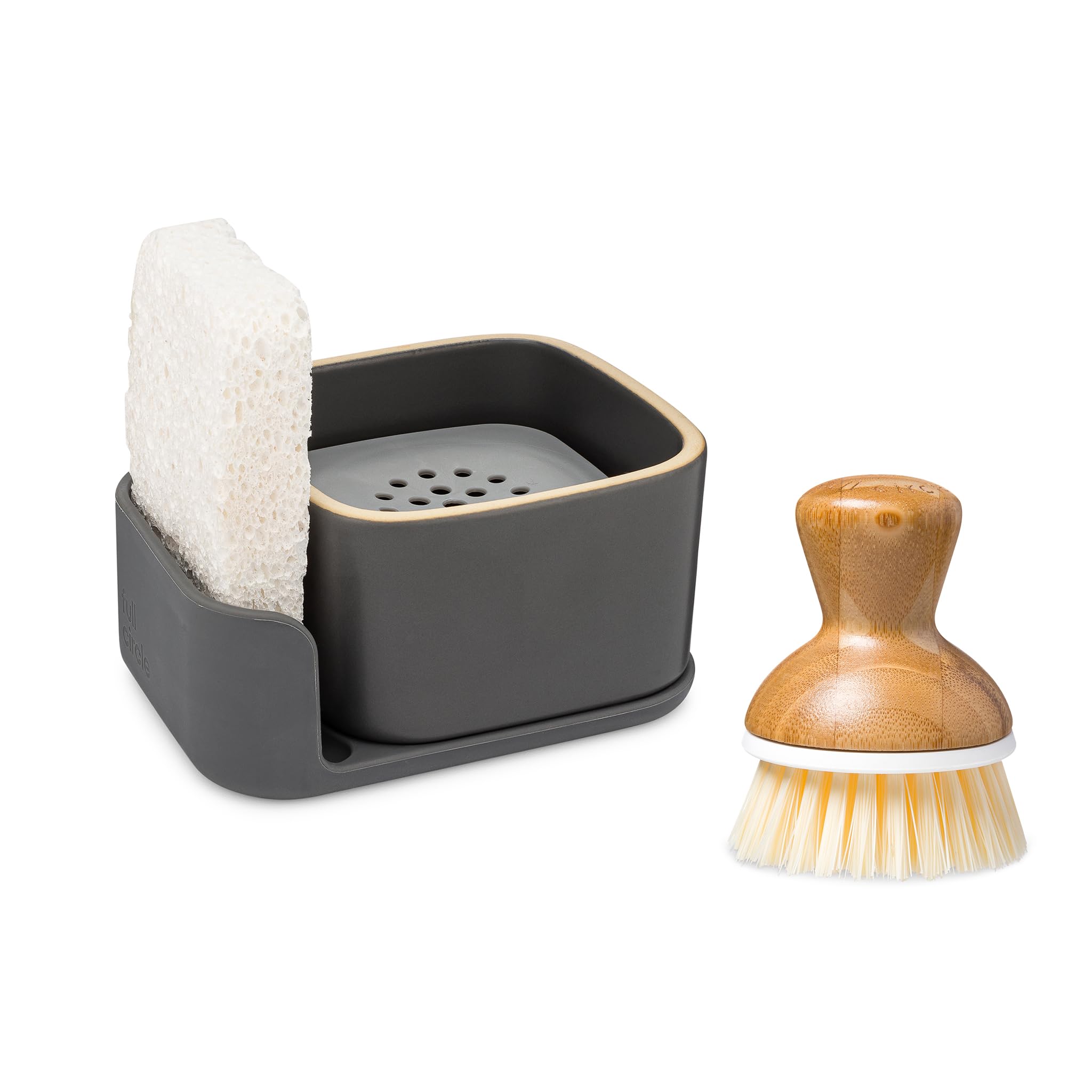 Full Circle Bubble Up Combo - Elegant Gray Ceramic Soap Dish With Eco Sponge & Bamboo-Handled Dish Brush - Versatile Natural Kit
