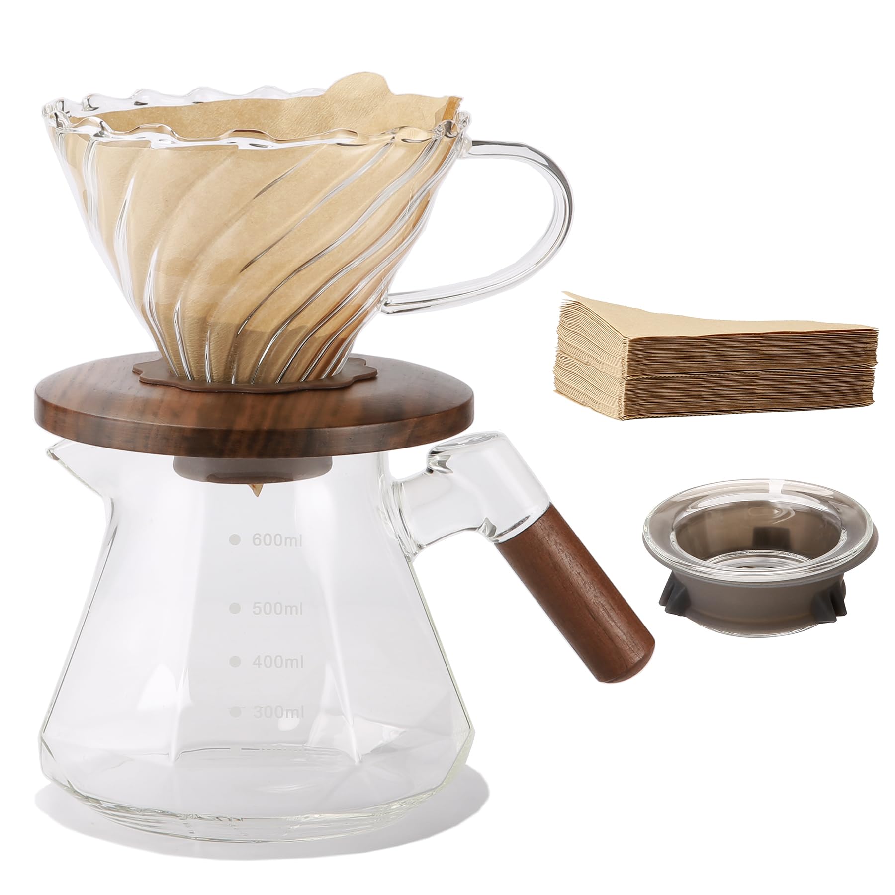Lalord Pour Over Coffee Maker, 20 Oz Borosilicate Glass Set With 100 Pcs V60 Paper Filter, Coffee Dripper With Walnut Collar, Co