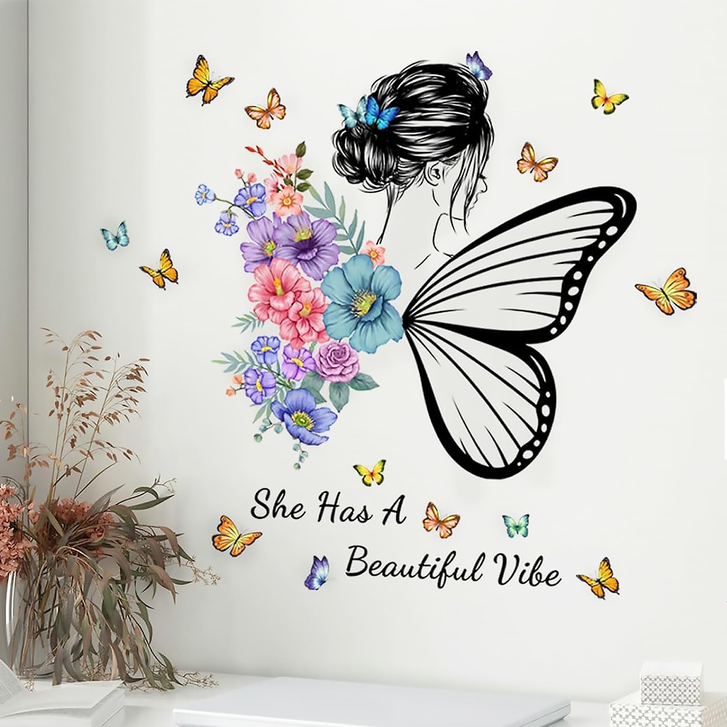 Arawat Eye Peel and Stick Bedroom Decor for Women - Butterfly Flower Home Decor Living Room Stickers & Murals Dorm Wall Stickers