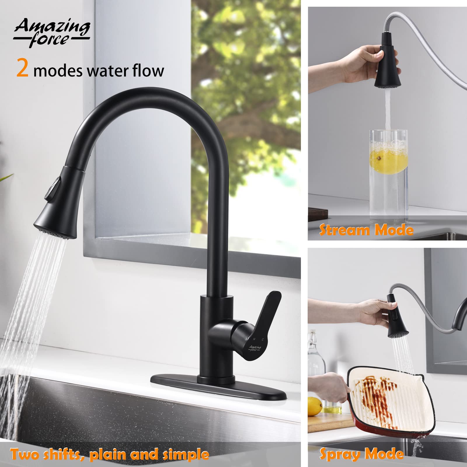 Kitchen Faucet with Pull Down Sprayer:2 Modes Stainless Steel Kitchen Sink Faucet Single Handle Faucet for Kitchen Sink RV Kitchen Faucet Laundry Sink Faucet with 1.8GPM  Matte Black